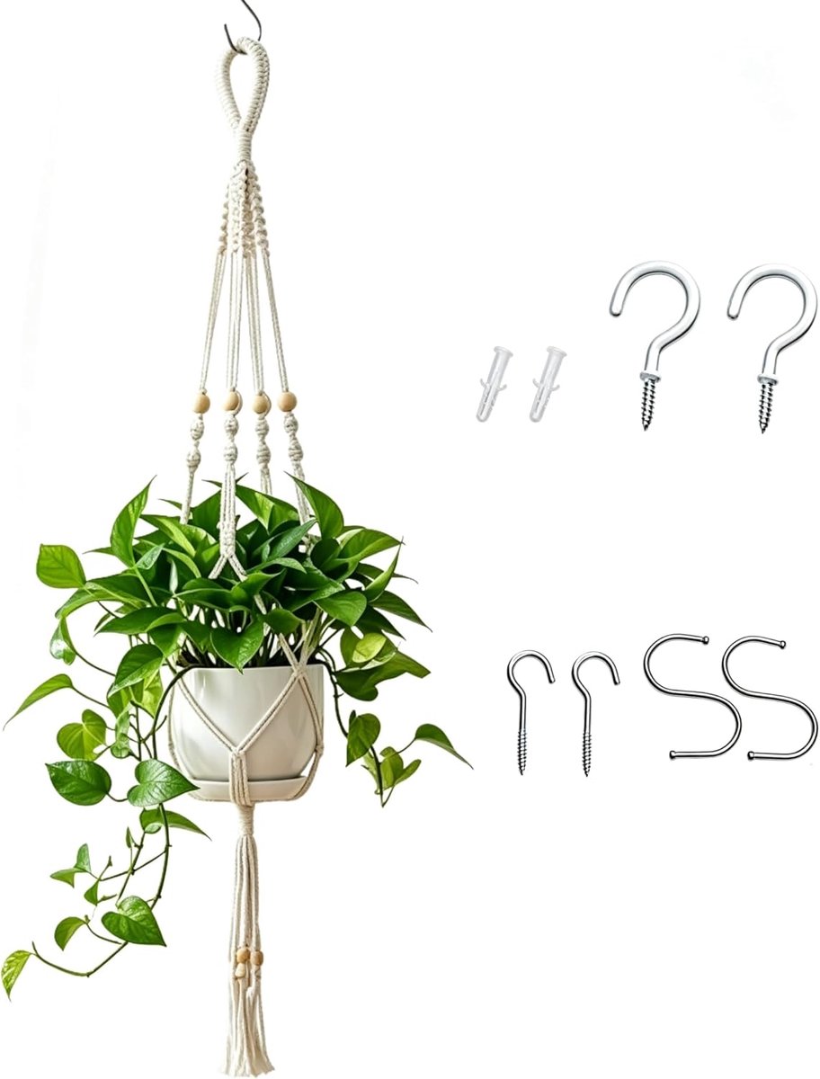 Bloemenhanger uit katoen met haak, hangende bloempot voor binnen, raam, balkon, Boho plantenhouder, wit, handgemaakt voor woonkamerdecoratie, zonder pot of plant