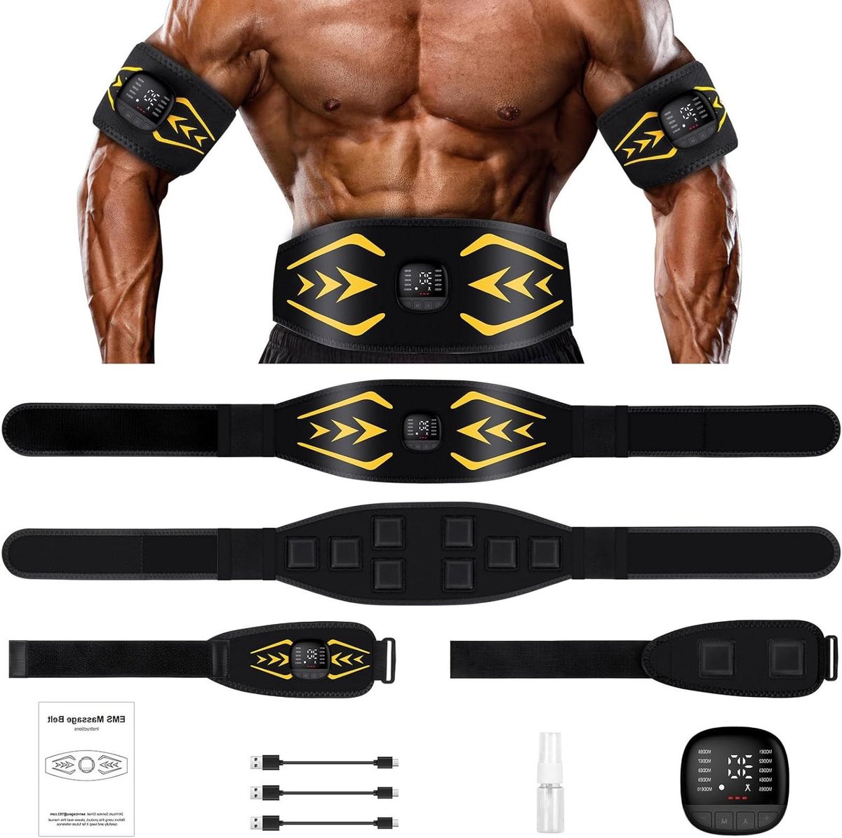EMS Buikspiertrainer - Elektrische Stimulator - Spierversteviging Thuis - 10 Modi 30 Niveaus - 120 cm Lengte - Zwart