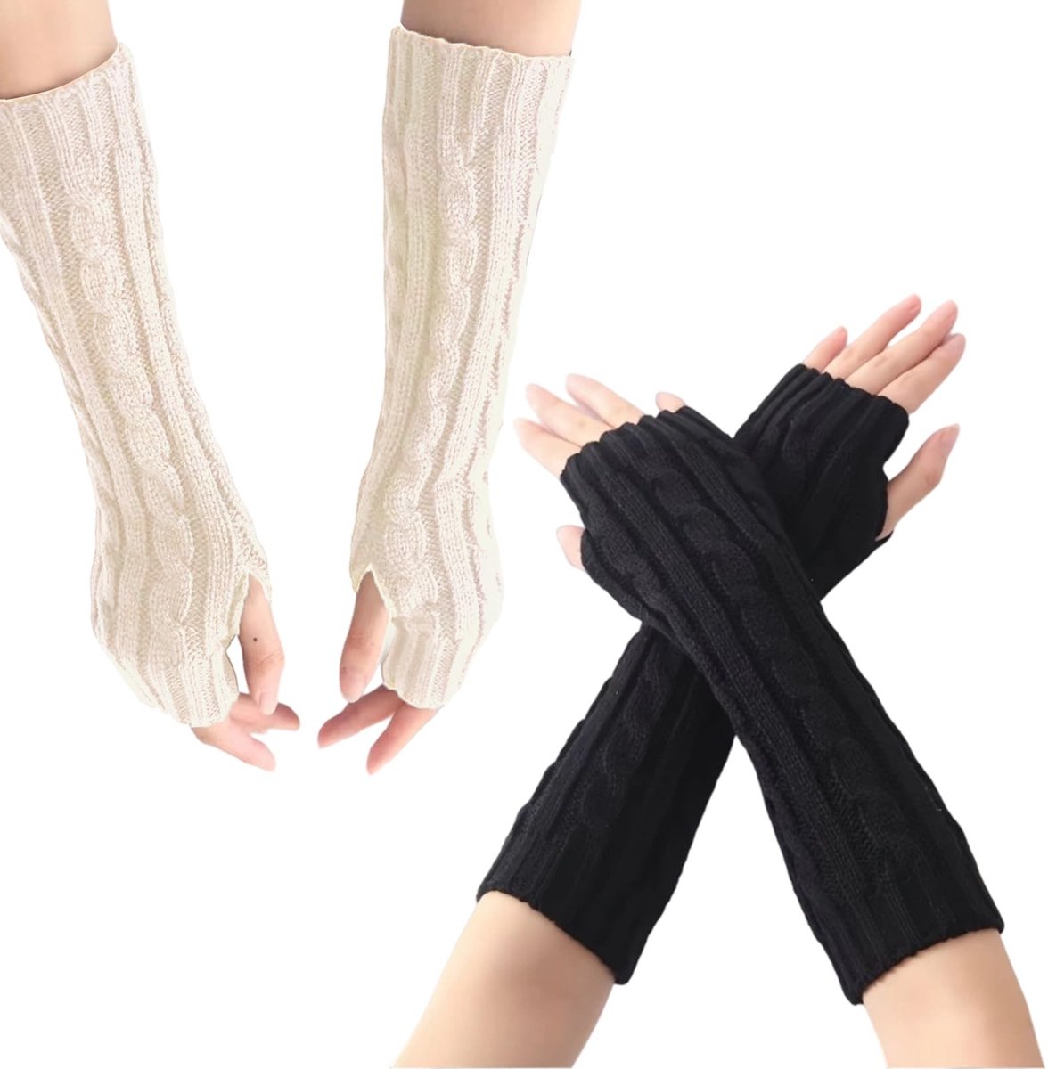 Dailygoods- Winterhandschoenen 2 Paar - Vingerloze Handschoenen - Lange Gebreide Handschoenen - Warm en Zacht - Verstelbaar en Comfortabel