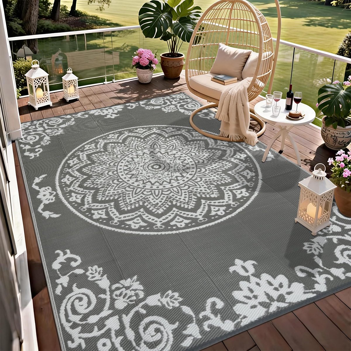 Outdoor tapijt, weerbestendig, 180x270cm, wasbaar, kunststof stro, UV-bestendig, voor terras, balkon, dek, zwembad, achtertuin (grijs & wit)