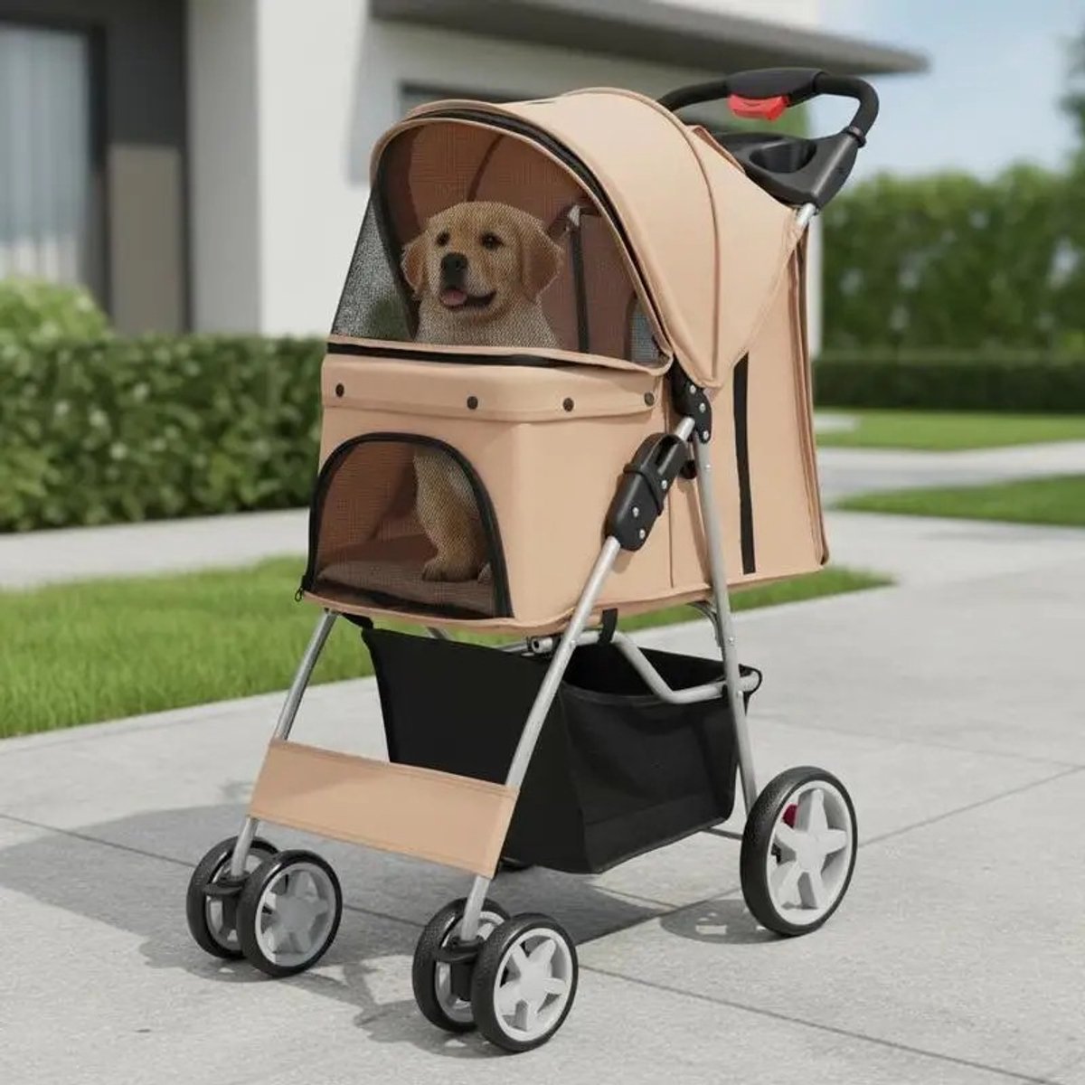 Dailygoods 4-wielige opvouwbare hondenbuggy met gaasramen & opbergmand - Beige