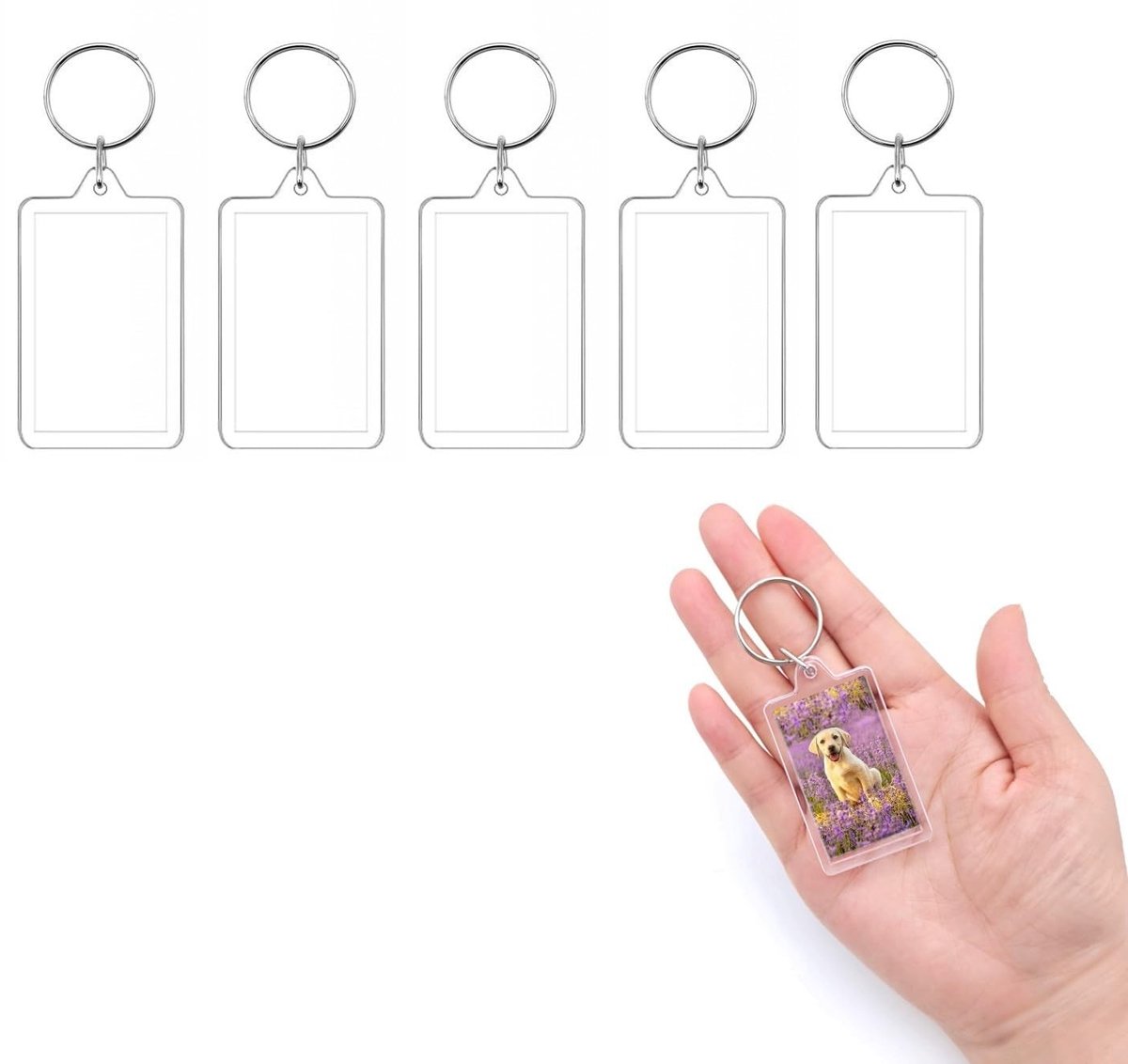 Dailygoods- Sleutelhanger Gepersonaliseerd - 5 Stuks - Dubbelzijdig - Acryl Fotolijst - Sleutellabels - Antislip - Helder en Duurzaam - Foto Sleutelhanger