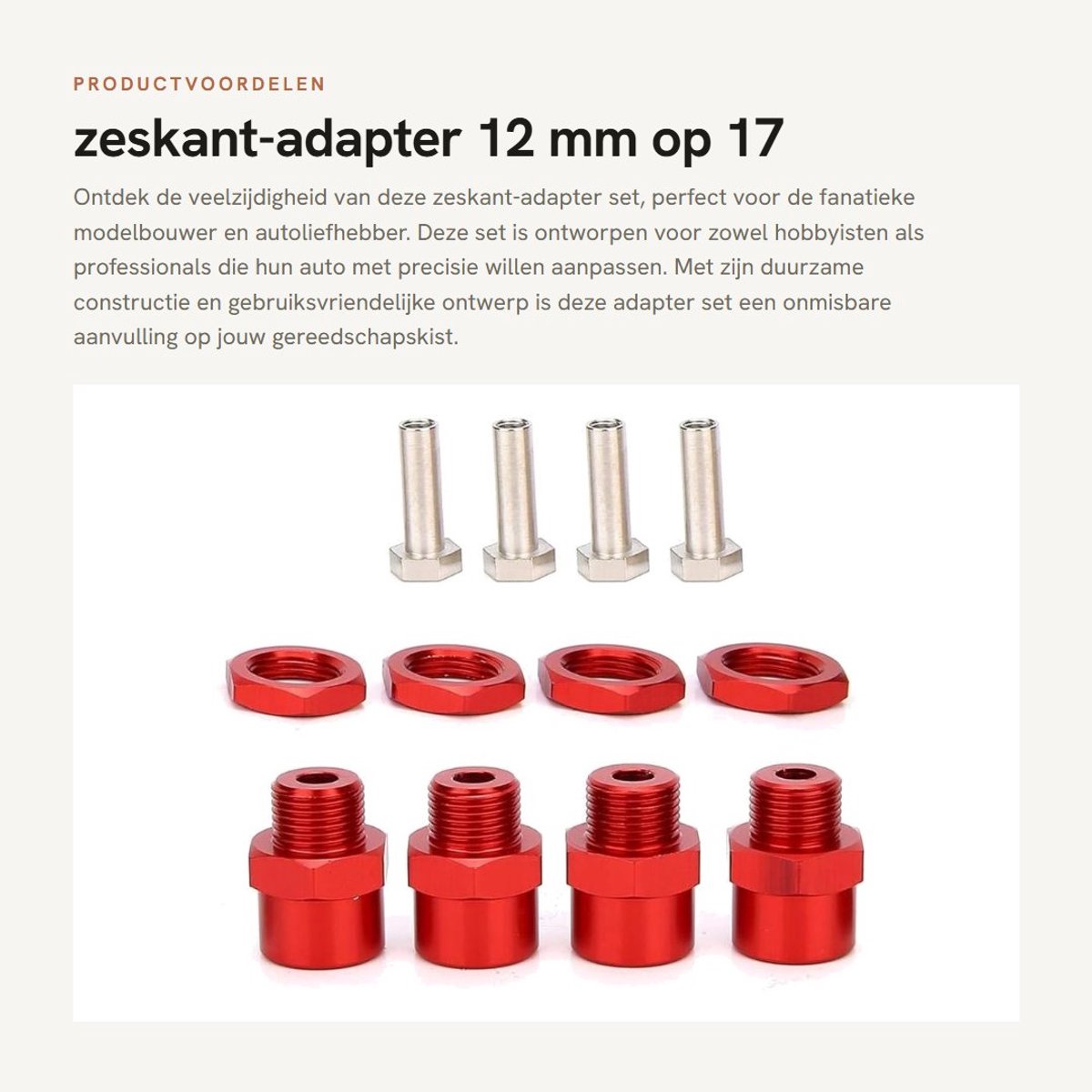 Dailygoods - zeskant-adapter - 12 mm op 17 mm - ideaal voor auto-onderdelen - rood - perfect voor aanpassing - complete set - geschikt voor RC D4