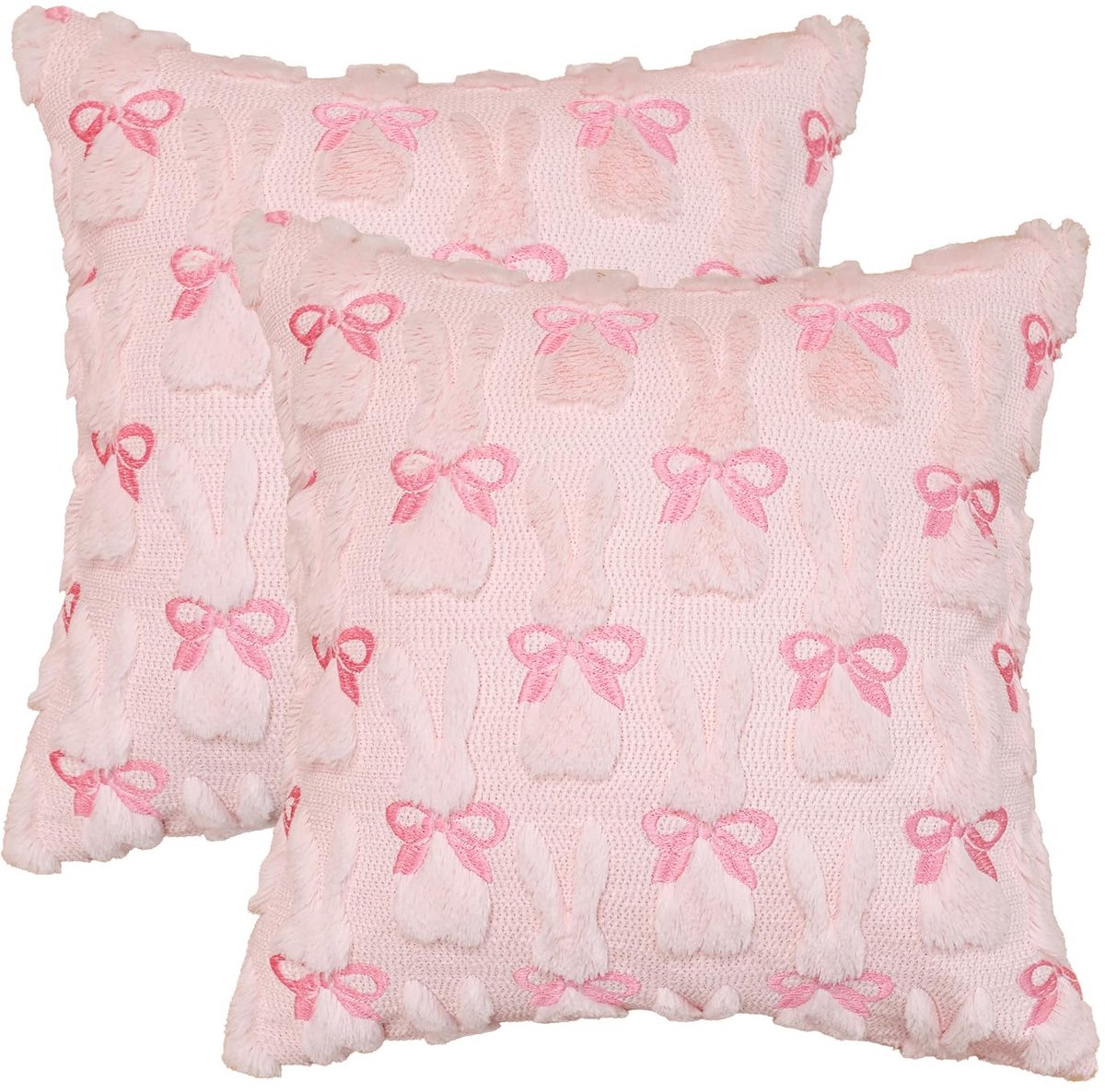 Mode Kussenslopen van kunstbont, roze, strikken, hazen, set van 2, 40 x 40 cm, pluche, fluweel, sofakussen, sierkussensloop, slaapkamer, decoratie