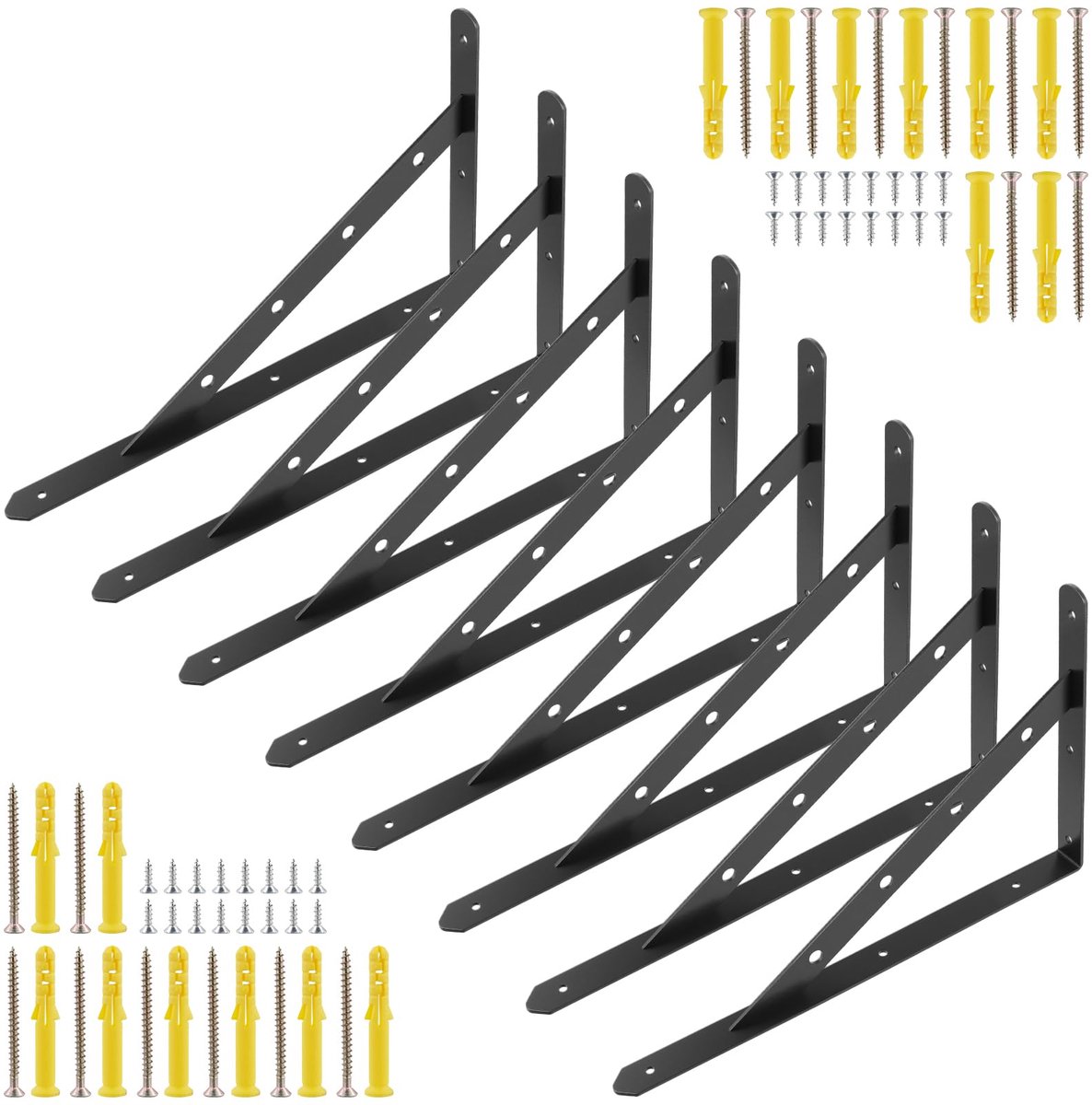 8 stuks plankhouders, 400 x 250 mm, plankhoek, zwart, metaal, zware belasting, zwarte metalen hoek, 90 graden, plankdrager voor wandmontage, hoekplanken, draagkracht 120 kg