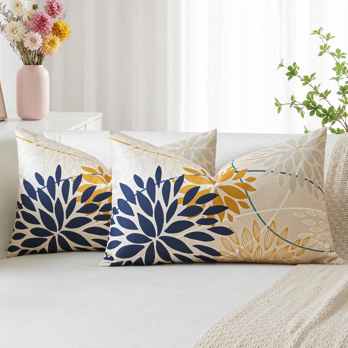 Abstracte bloemen, donkerblauw, geel, geometrische kussensloop, 30 x 50 cm, 2 stuks, van linnen, voor huis, woonkamer, slaapkamer, lente, bloemen, woondecoratie