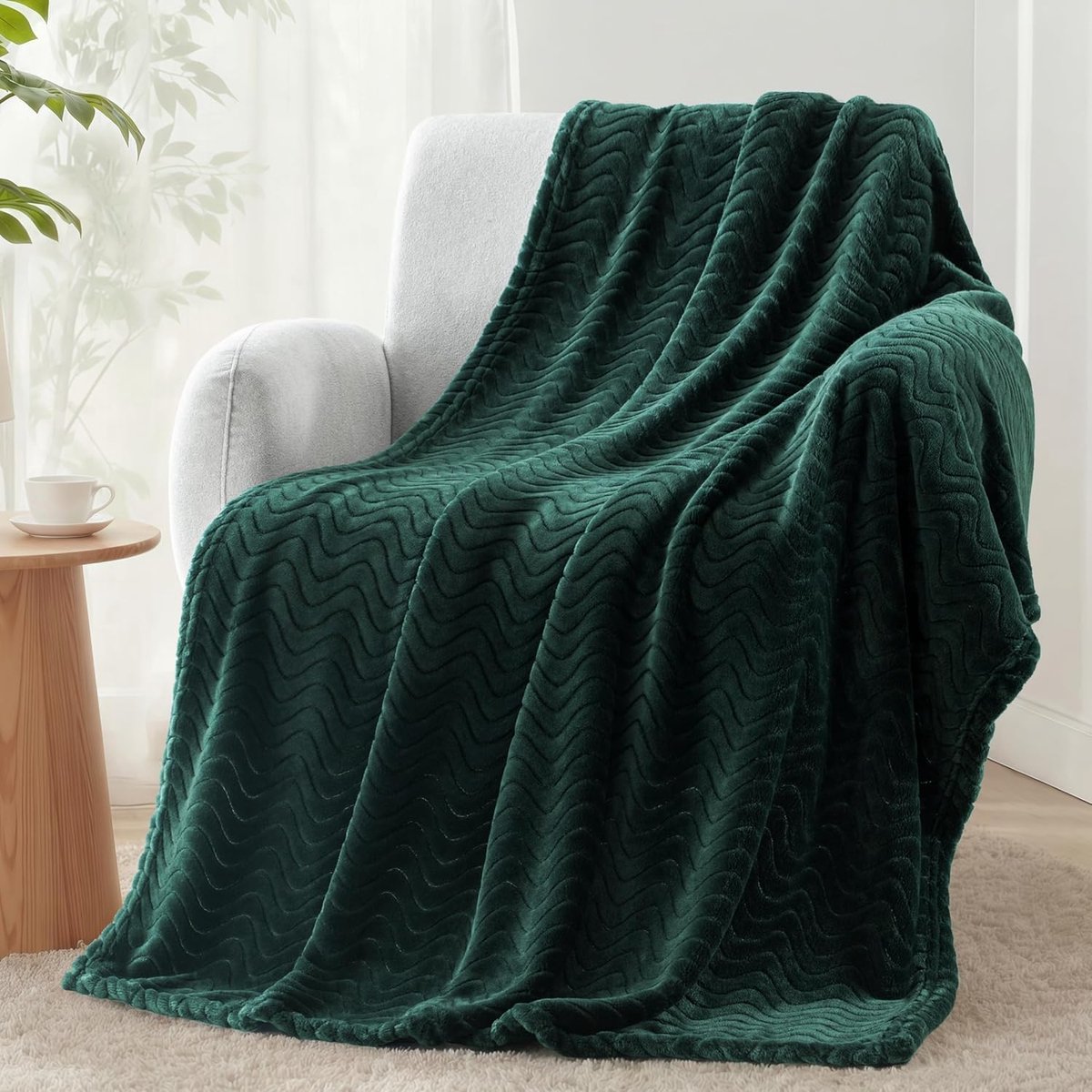 Mezcla Grote Flanellen Fleece Gooi Deken, Jacquard Weave Wave Patroon (127x178cm, Bosgroen) - Zacht, Warm, Lichtgewicht en Decoratief