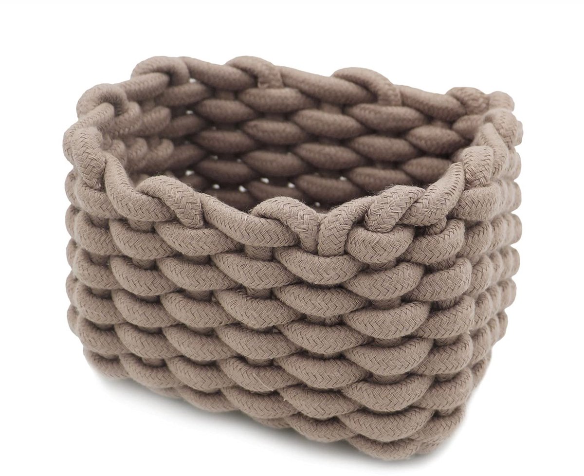 Katoenen touwmanden met handgrepen, decoratieve natuurlijke rechthoekige opbergmanden organisatoren voor kinderkamer, babykamer, slaapkamer, woonkamer, kaki, klein