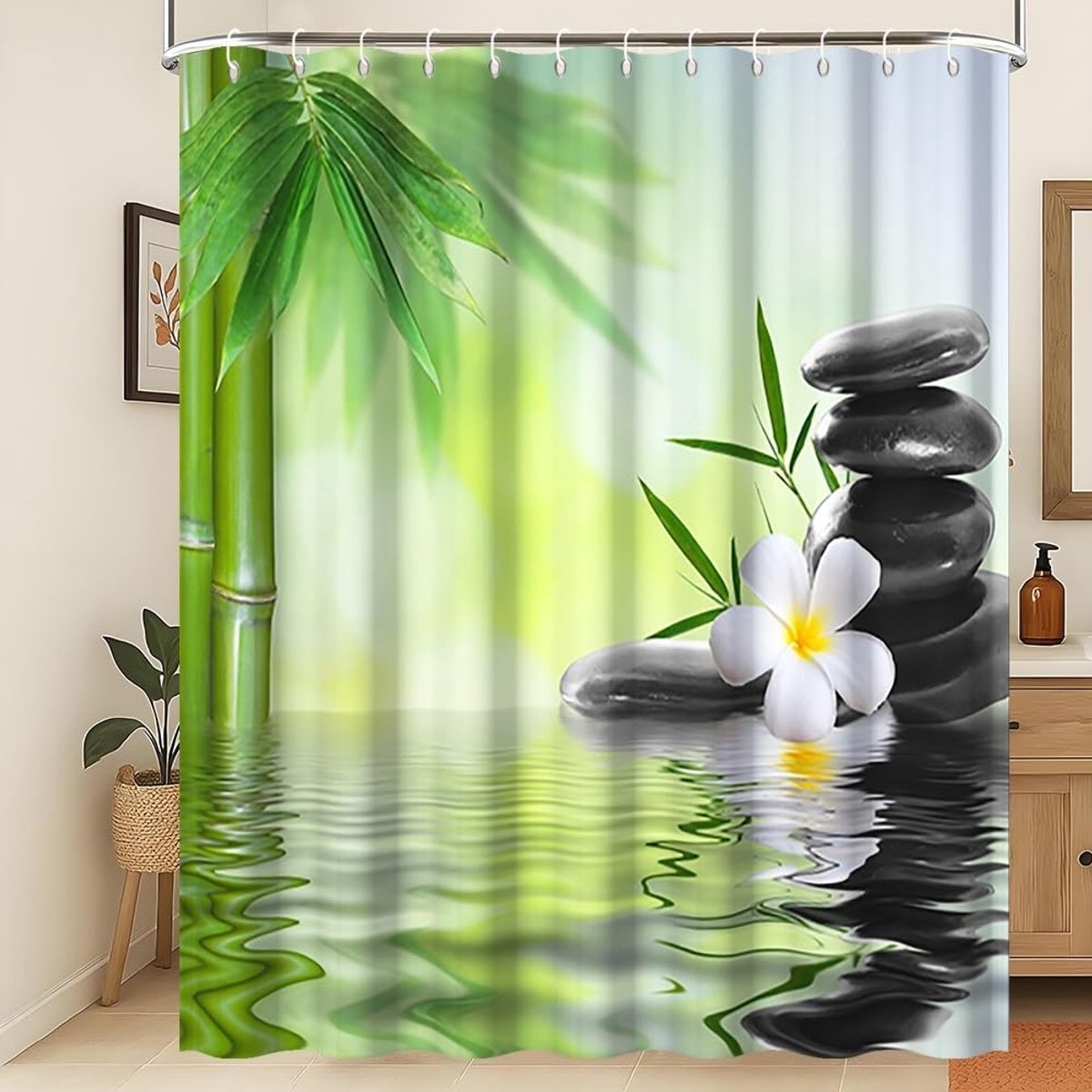 Douchegordijn lente zen meditatie tuin schimmelbestendig badkamer gordijn groene bamboe bladeren zwarte steen witte orchidee water machine wasbaar stof douchegordijn 105 x 160 cm