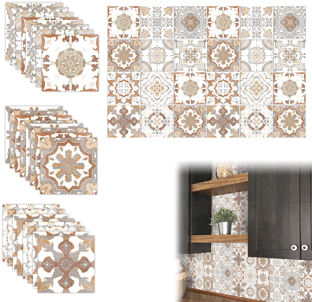 "xyuayamz Zelfklevende Tegels, 15 x 15 cm, 24 Stuks, Beige, PVC, Gemengd, Keuken, Badkamer, Slaapkamer, Ingang, Water- en Oliebestendig, Snijbaar, Multi-scenario-toepassing"