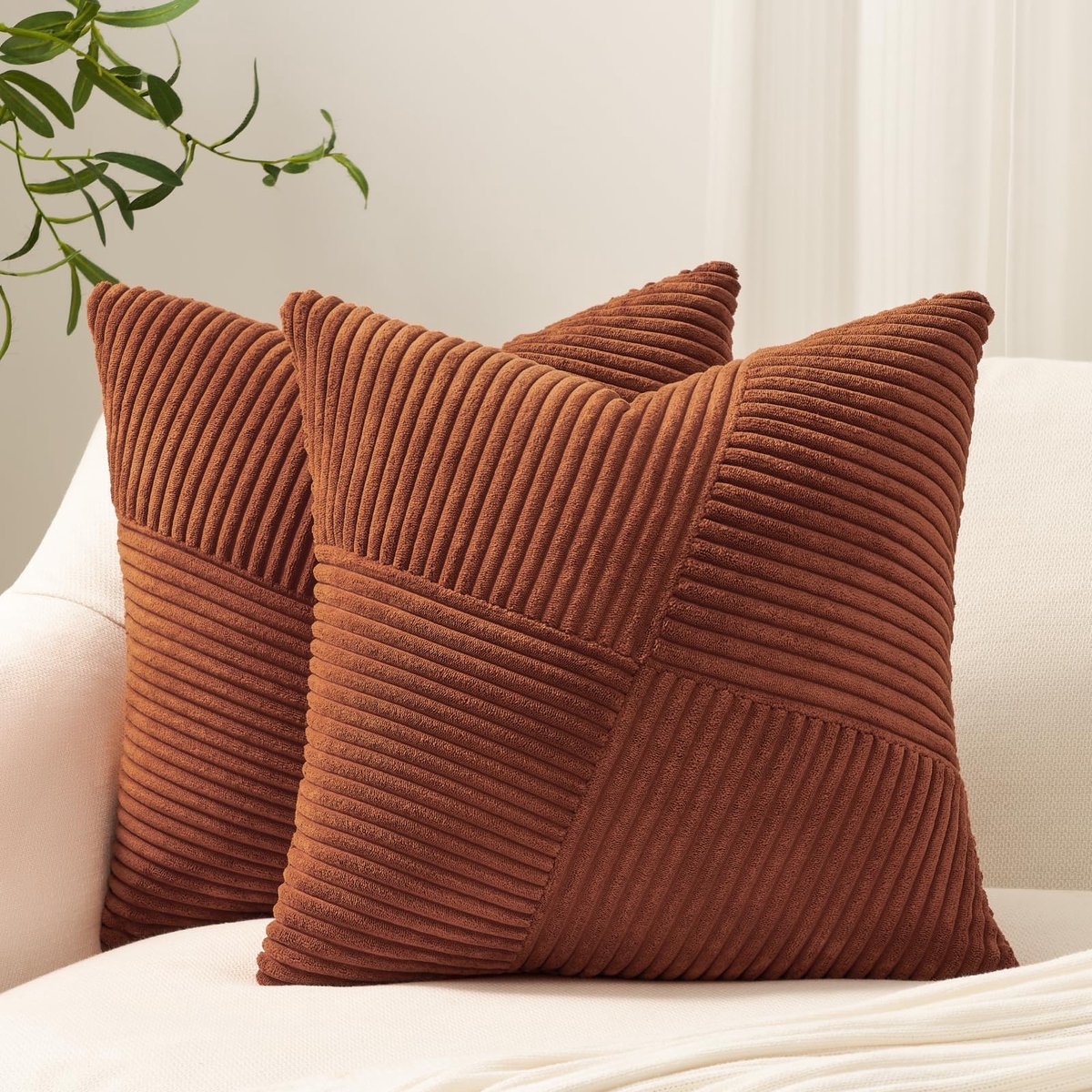 Kussenslopen voor bank, 40 x 40 cm, karamel, corduroy fluwelen kussenslopen met verborgen ritssluiting, strepenpatroon, voor woonkamer, slaapkamer, balkon, buiten, 2 stuks