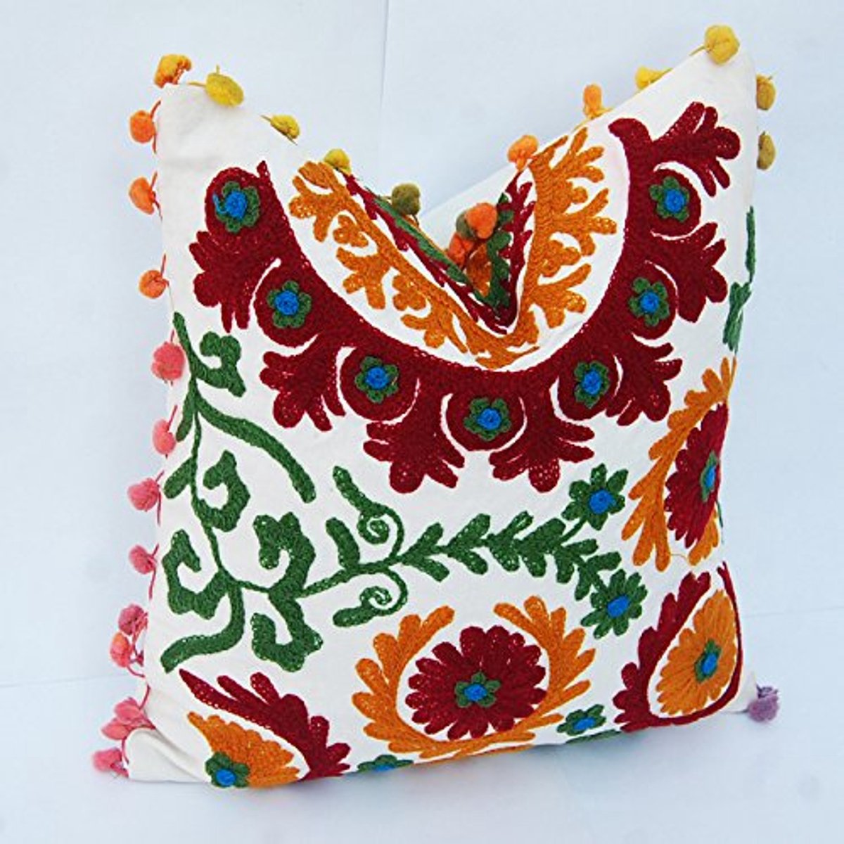 uzani geborduurde kussensloop, Indische outdoor kussens, decoratieve sierkussen, Pom Pom Pom Kussenhoes, 16x16, Boho kussenshams (20)