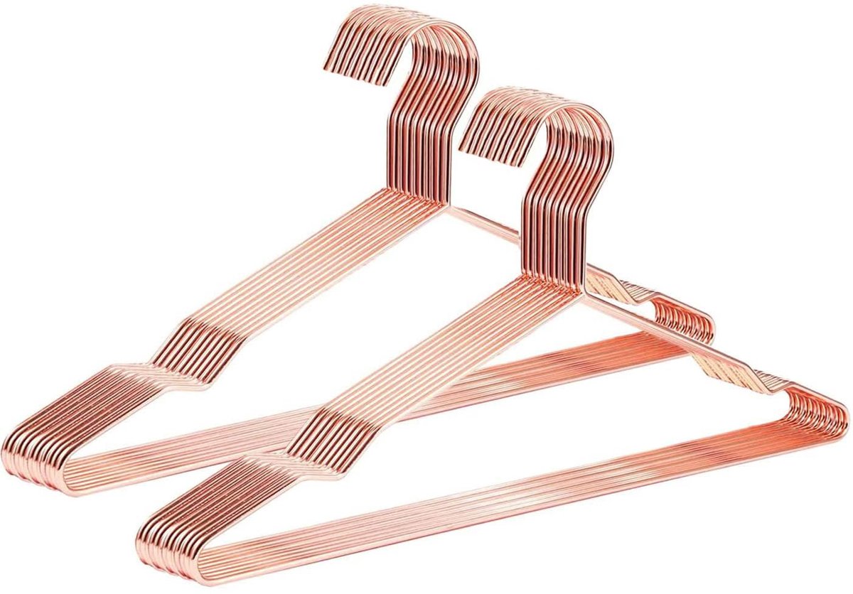Kleerhangers van metaal, 20 stuks, roségoud, klassieke kleerhangers van roestvrij staal, stabiel, antislip, voor pak, T-shirt, jas, broeken en overhemden (42 cm)