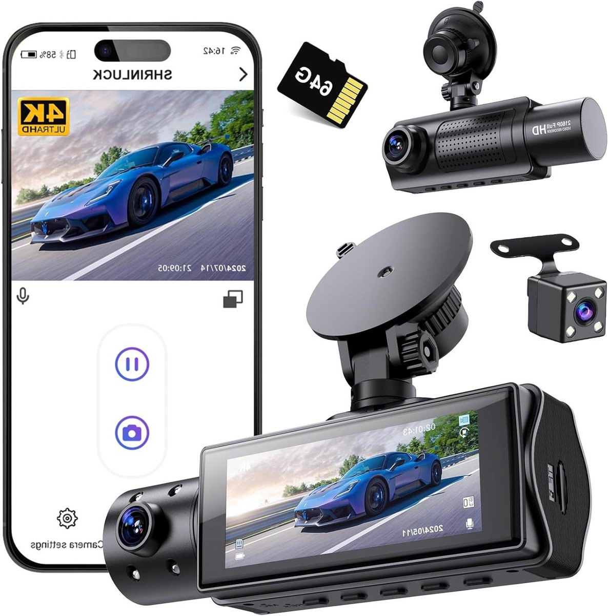 Dashcam Auto 3 Kanaals - Autocamera Rijcamera - Veilig Rijden - 4K Voor Achter Binnen - 64GB SD Kaart - Zilver