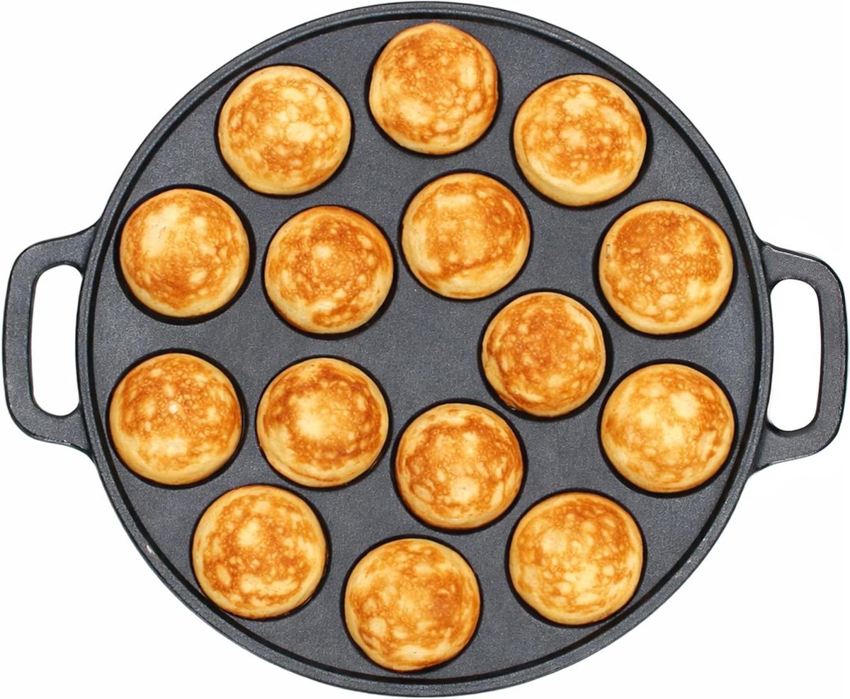 Gietijzeren Poffertjespan - Mini Pannenkoek Pan - Kleine Snacks Bakken - 15 Holtes - Ø 24 cm - Zwart