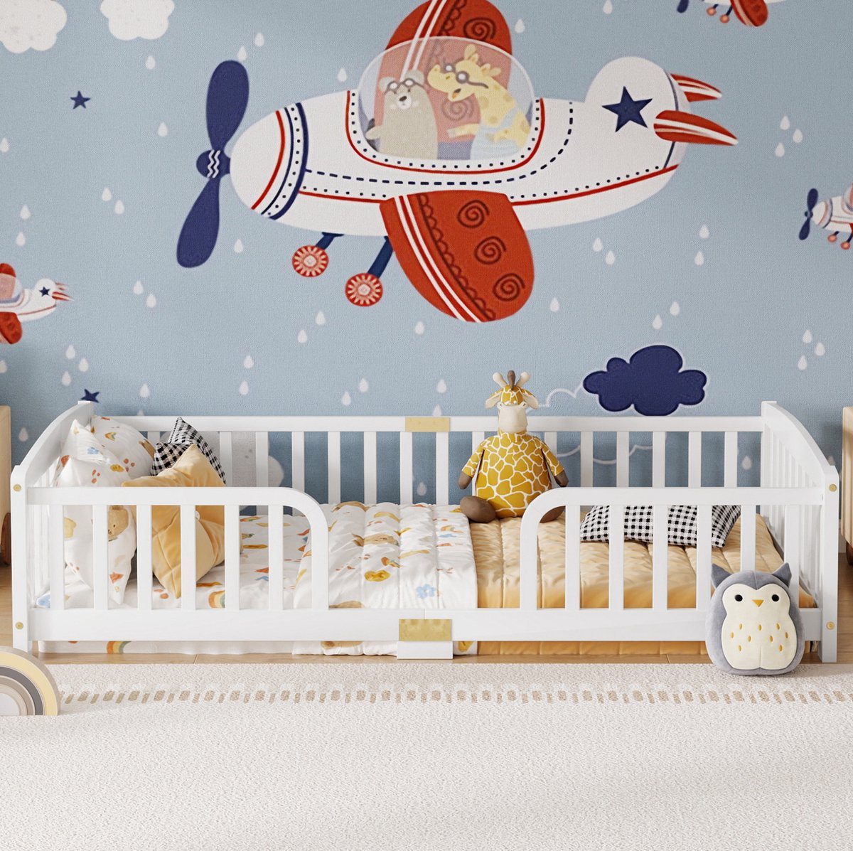 FloraGrace Kinderbed 90x200 cm – Vloerbed Met Uitvalbeveiliging en Centrale Instap – Normaal Bed – Zonder Matras – Hout – Wit White