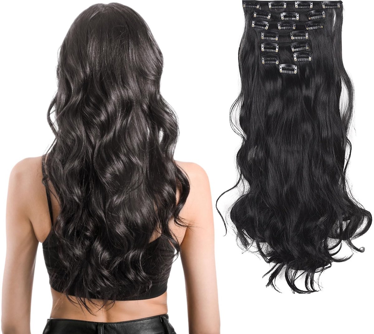 Dailygoods- Haarextensies Echt Haar - Clip-in Haarstuk - Lange Golvende Haarverlenging - Onzichtbare Haarstukjes - Synthetisch Haar - Zwart
