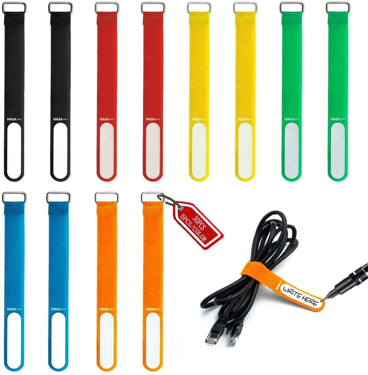 Dailygoods - Klittenband Kabelbinders - Kabelorganisatie - Roestvrijstalen Gesp - 30 Stuks in 6 Kleuren - Kabelidentificatie - Geschikt voor Thuis en...