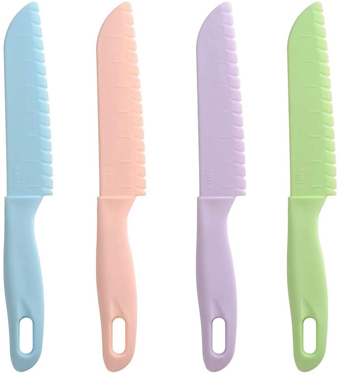 Dailygoods- Keukenmessenset 4 Stuks - Kindveilig - Nylon - BPA-vrij - Ergonomische Handgrepen - Lichtgroen/Lichtblauw/Lichtroze/Lichtpaars - Kindermessen