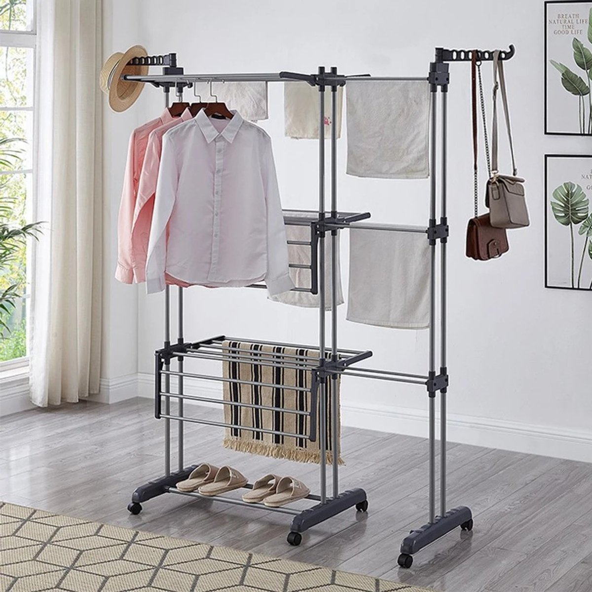 Dailygoods Wasdroger met 6 opvouwbare vleugels op 3 niveaus, uittrekbaar wasrek lengte 75-142 cm, opvouwbare wastafel