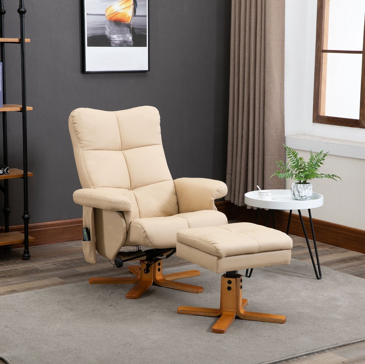 MEUNIQ massagestoel met hocker 80 x 86 x 99 cm, relaxfauteuil met massagefunctie, 145° verstelbare rugleuning, 360° draaibaar, polyester in crèmewit