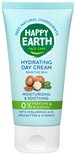 Lichtblauwe tube met witte dop. "Happy Earth Face Care Hydrating Day Cream" staat erop in blauwe letters, met de tekst "Sensitive Skin" eronder.