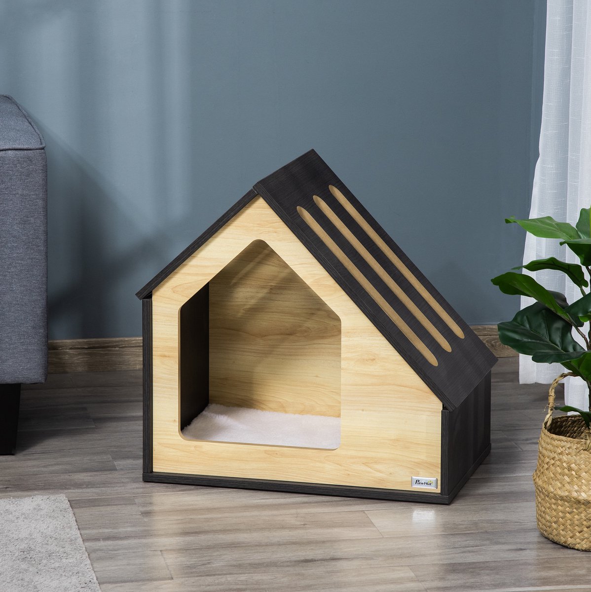 MIVRAY Dierenhuis – Met Kussen – 60 x 40 x 59,2 cm – MDF – Bruin – Voor Kleine Hond En Kat – Ventilatie En Eenvoudig Onderhoud