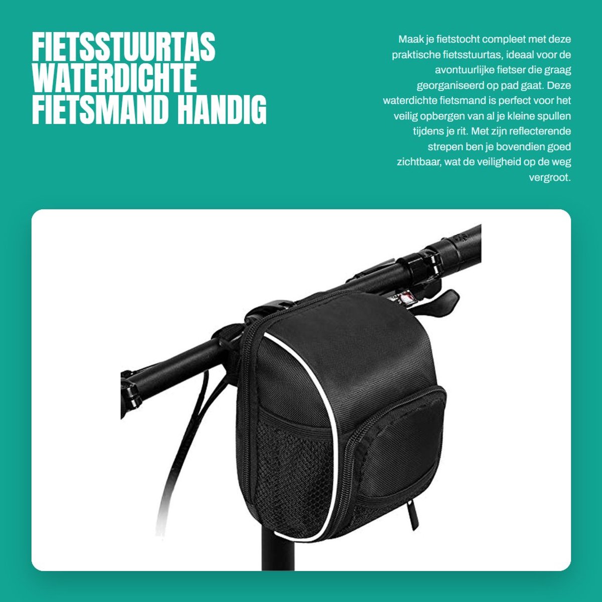 Dailygoods- Fietsstuurtas Waterdicht - Fietsmand voor Voorkant - Reflecterende Strepen - Grote Capaciteit - Slijtvast - 3 Haaklussen voor Installatie - Fietstas