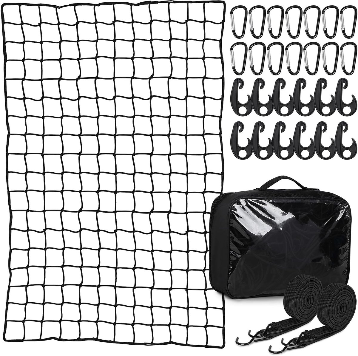 Dailygoods- Bagagenet Uittrekbaar 1,2 m x 1,8 m tot 2,4 m x 3,6 m - Aanhangernet - Elastisch Net - 12 Karabijnhaken - 2 Spanbanden - Veiligheid bij Transport - Transportnet
