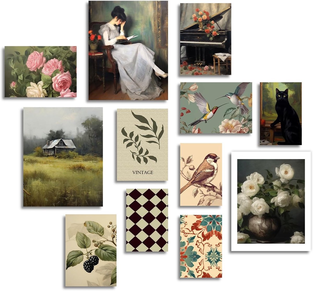 Vintage Rustieke Wanddecoratie Poster Frans Land Bloem Vogel Zwarte Kat Muurposters voor Boerderij Slaapkamer Woonkamer Decor Set van 12