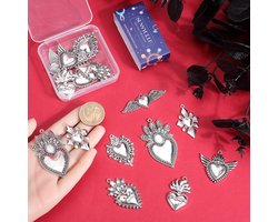 1 doos met 18 Gothische Heilige Hartvormige Charms 9 Stijlen Bulk Horror Wing Legering Zilver Oude Tibetaanse Stijl Pijl Vintage Pijl Plating Rol Bedels voor Fabrica, 41x29x2.5mm
