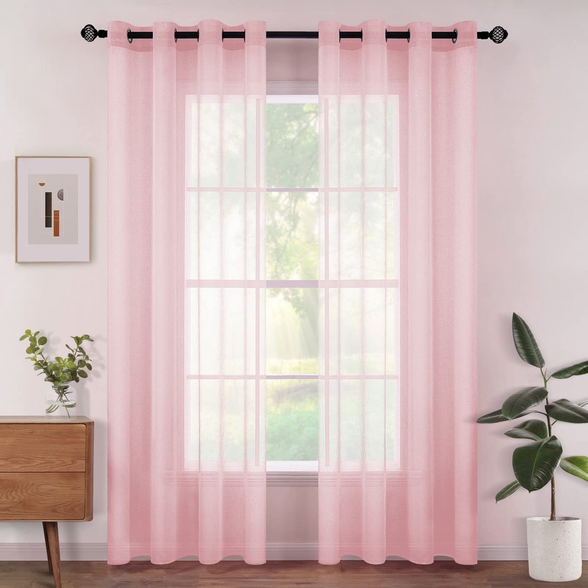 Set van 2 transparante gordijnen met ringen, semi-transparante binnengordijnen voor slaapkamer, woonkamer, huis, 140x225 cm, roze
