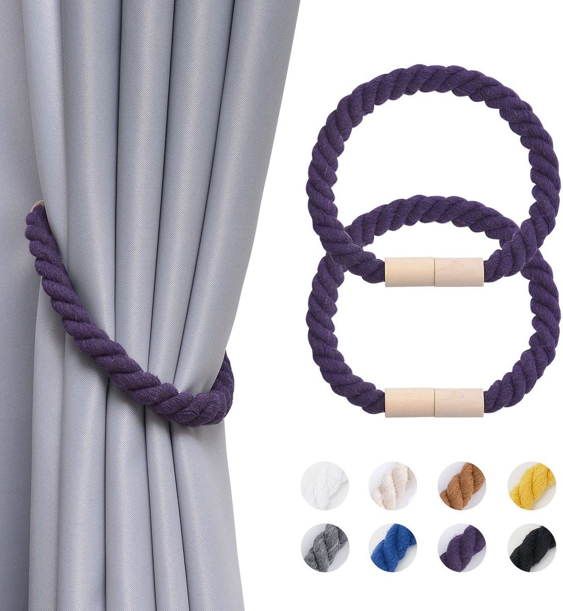 Jolly Set van 2 houten magnetische gordijnbinders, boho, huisdecoratie, draperen, stropdasruggen, natuurlijk katoen, handgemaakt touwgordijn, houders voor dun of dik raam voor thuis en op