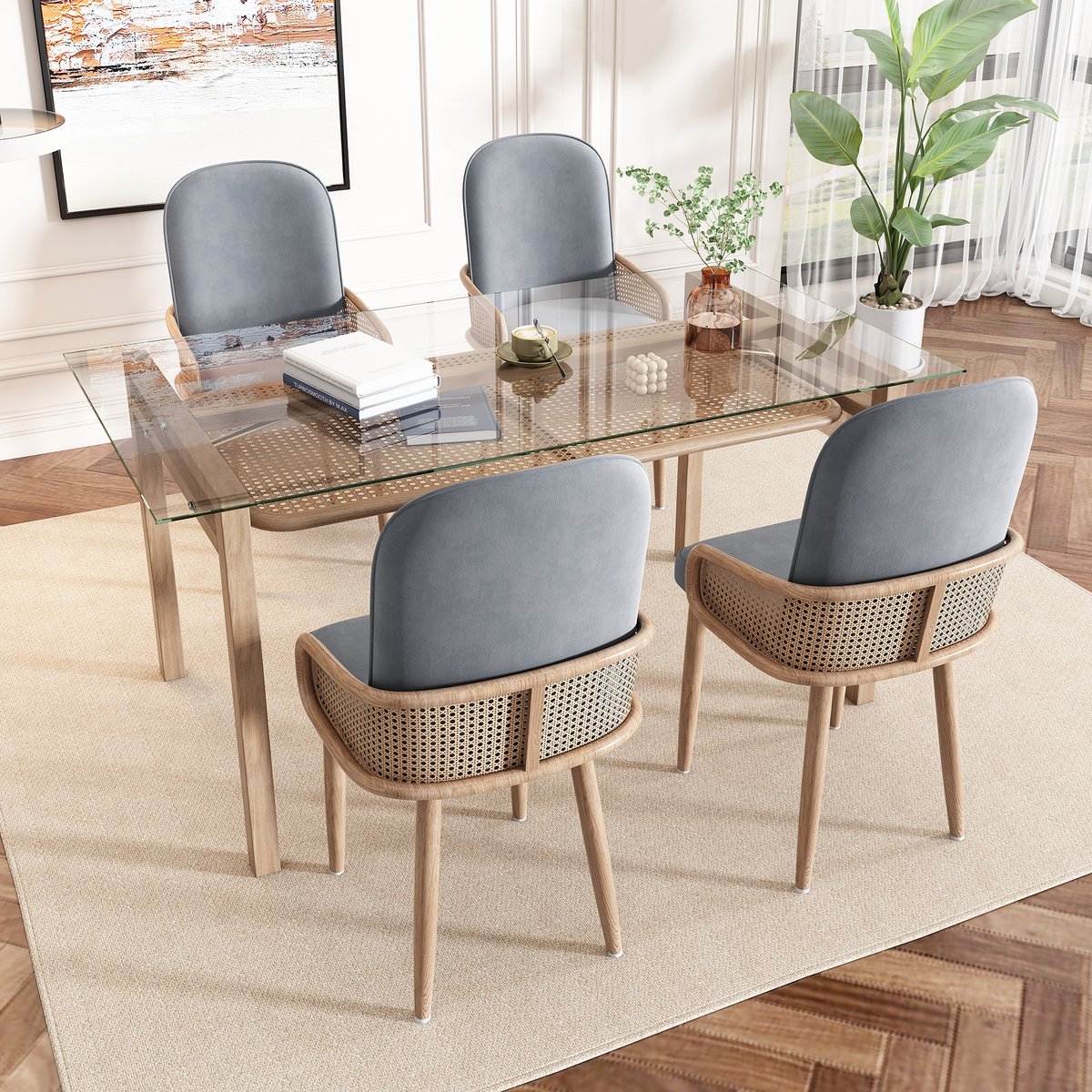 DESMIU Eetkamerstoel 45 x 41 x 90 cm - Set Van 2 Met Armleuningen En Rotan Design - Voor Eetkamer Woonkamer En Slaapkamer - Fluweel Grijs