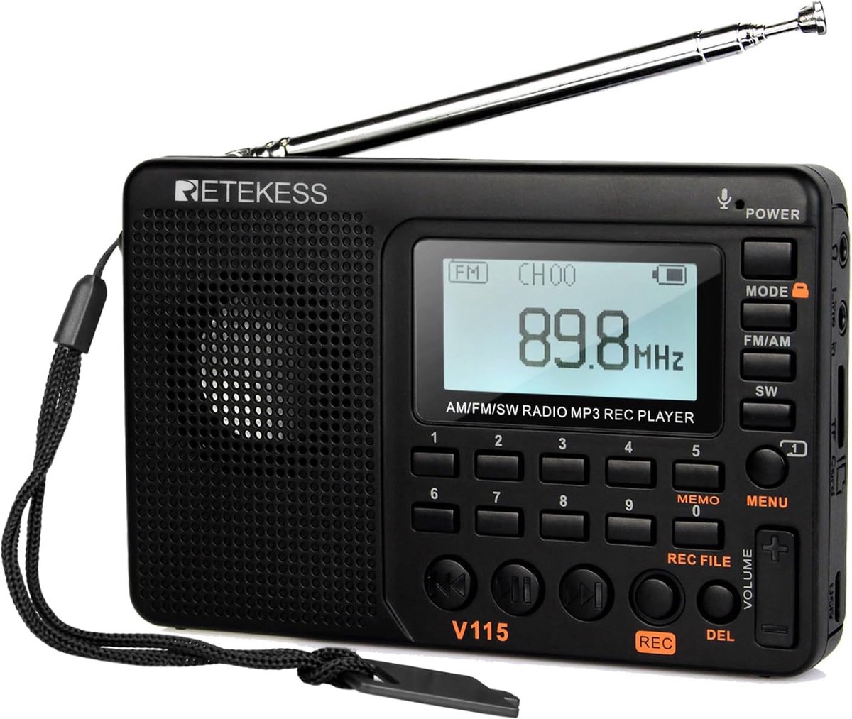 Retekess V115 Draagbare Radio - op Batterijen - AM FM SW Keukenradio -Wereldontvanger MP3-Sleep Timer-speler REC Voice Recorder-Noodradio