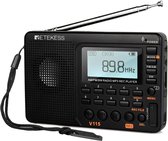 Zwarte Retekess V115 AM/FM/SW radio MP3 REC speler met uitschuifbare antenne.