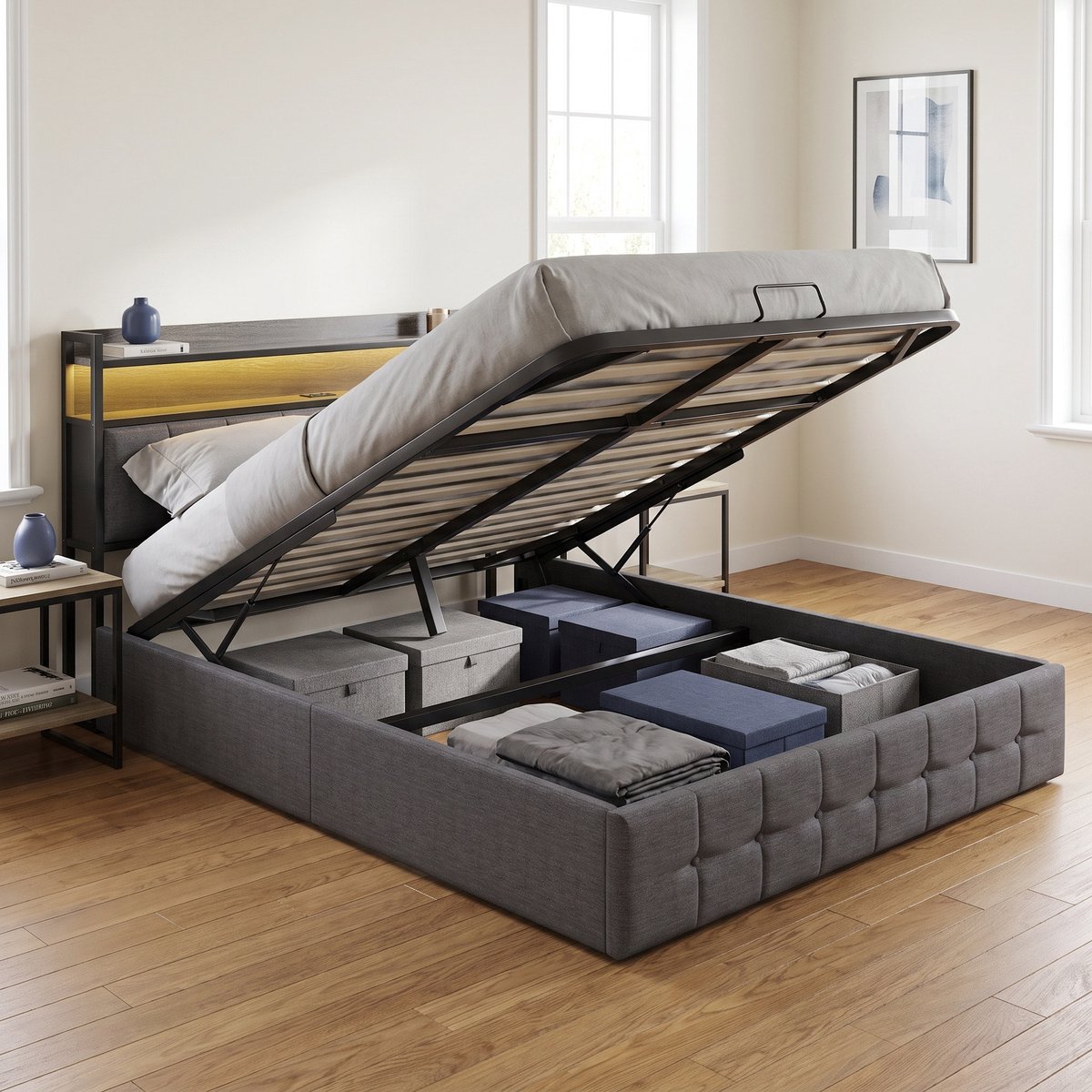 Mofor Gestoffeerd Tweepersoonsbed - Opbergbed 160x200 cm met lattenbodem - met LED en USB hoofdbord - Linnen - Modern - Grijs