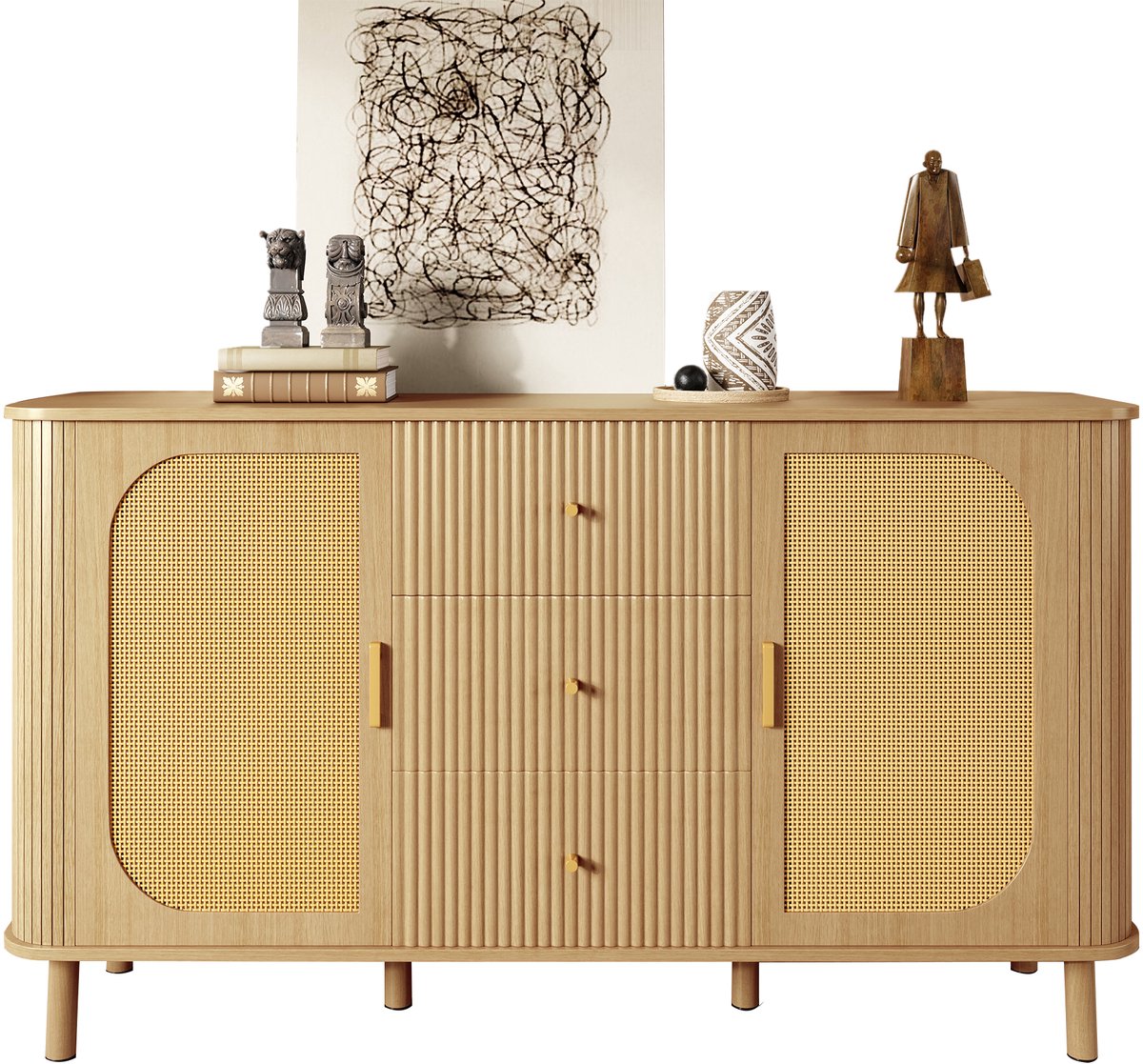 Zubaliya Sideboard - gebogen design - 2 rattan deuren & 3D golfladen - metalen pootjes met houtnerf - kabeldoorvoer Natural