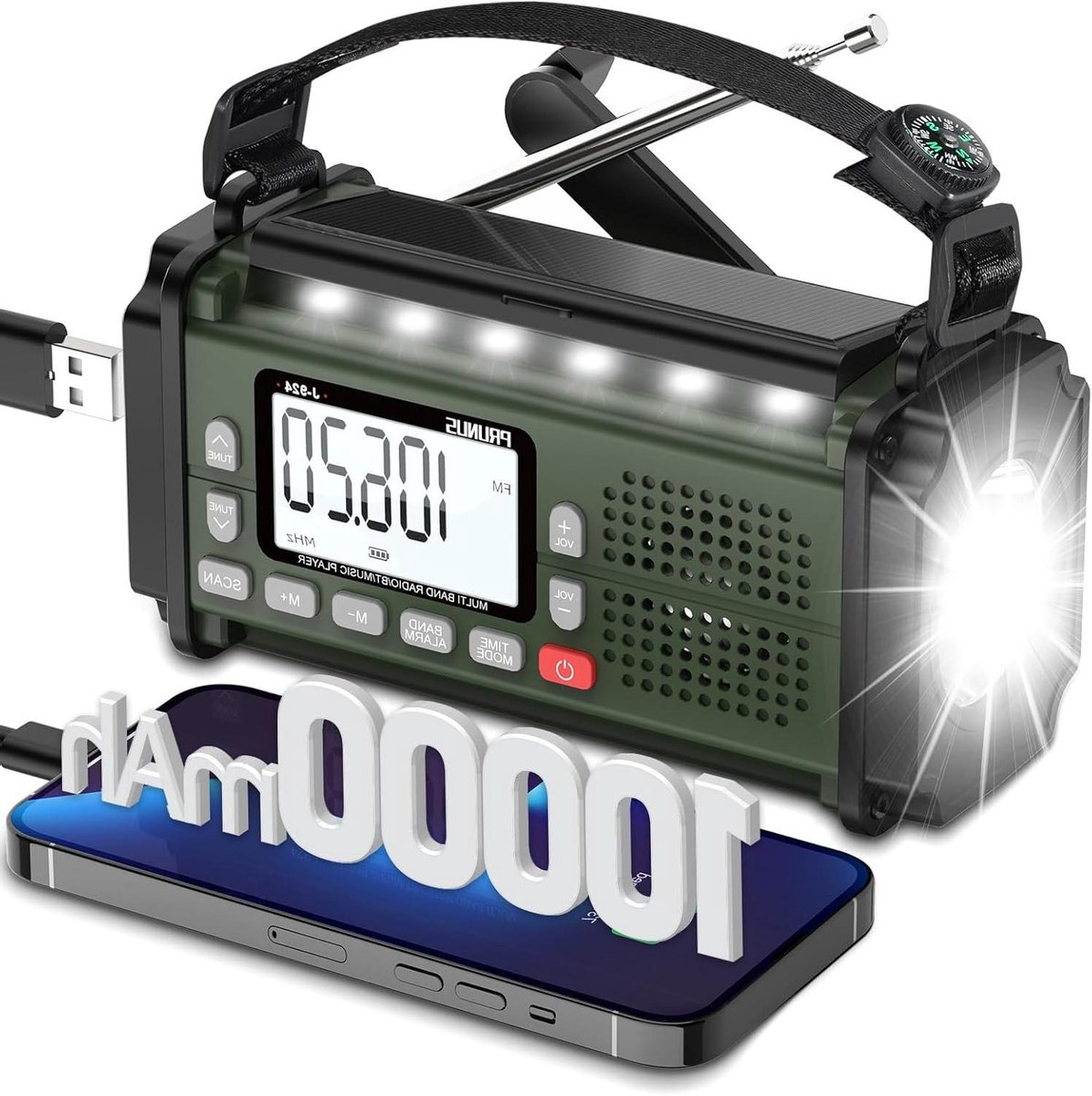 Noodradio met Zonnepaneel - Wereldontvanger Zaklamp - Outdoor Noodsituaties - 10000 mAh Accu SOS Alarm