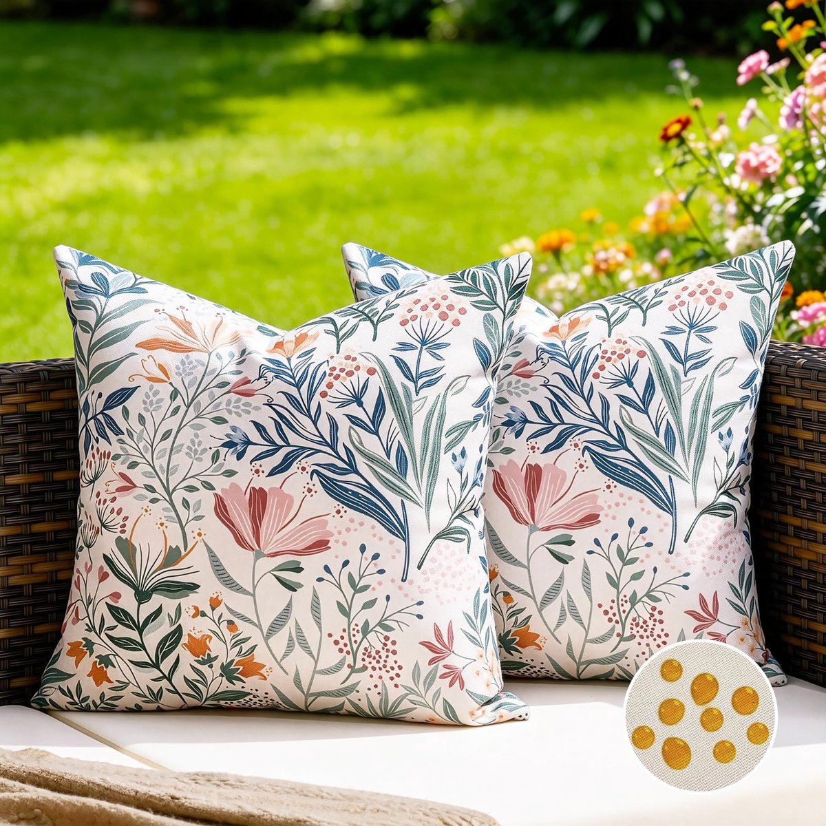 Kussensloop, 50 x 50 cm, waterdicht, voor buiten, rode bloemen en groene bladeren, voor bank, woonkamer, tuin, balkon, decoratie, 2 stuks