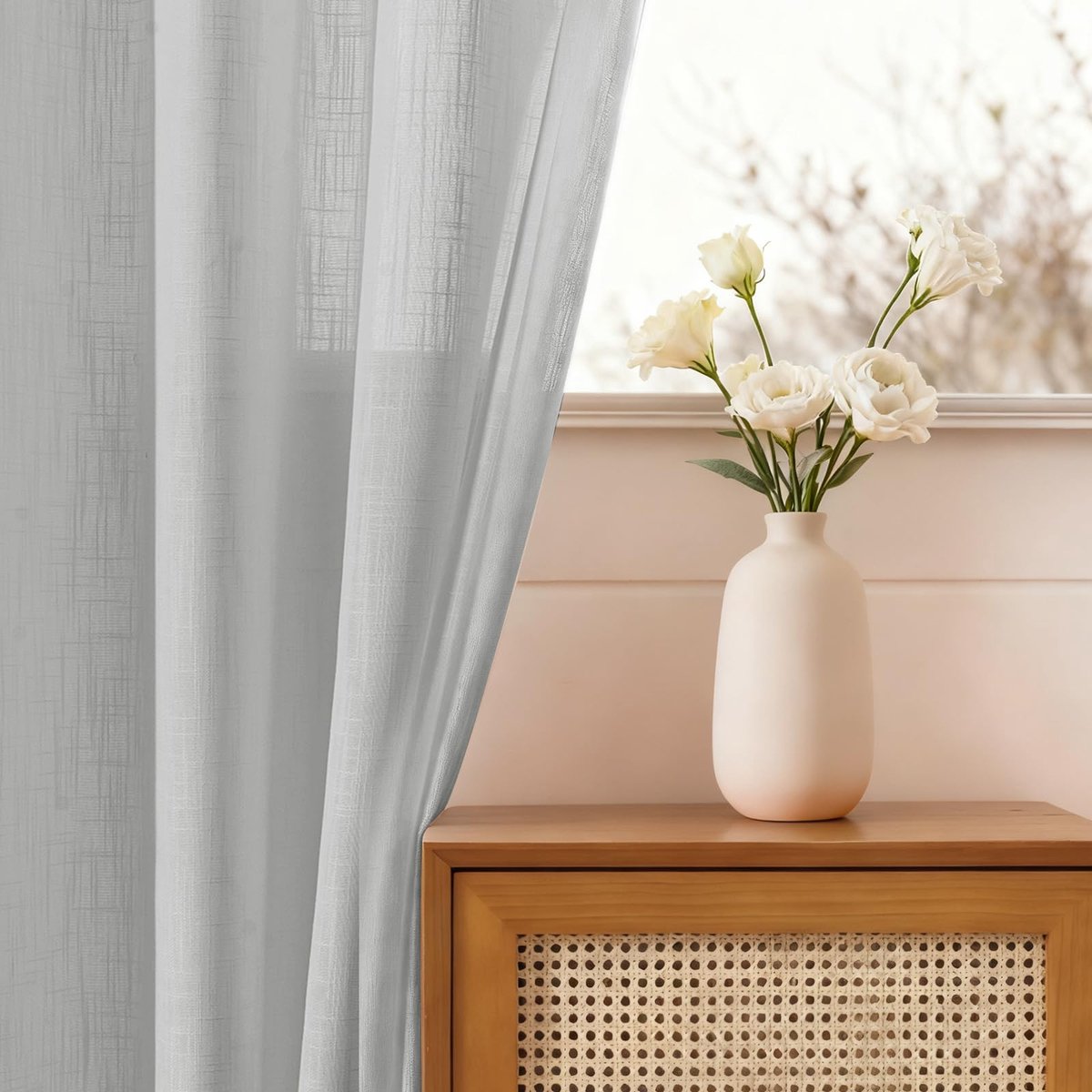 Halftransparant Gordijnen In Linnenlook Set Van 2, 140x260CM, Vitragegordijnen Met Oogjes Voor Woonkamer Slaapkamer, Binnengordijnen Doorschijnend Raamgordijnen Transparante, Lichtgrijs
