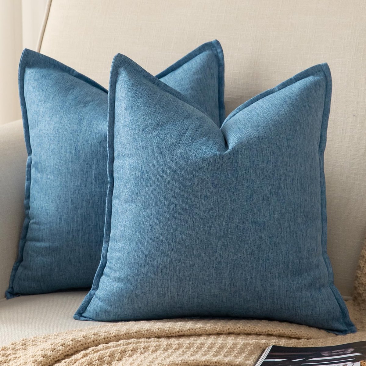 Set van 2 decoratieve linnen vaste kussenhoezen voor landelijke neutrale sierkussens voor stoel, bank, slaapkamer, woonkamer, 50 x 50 cm, lichtblauw