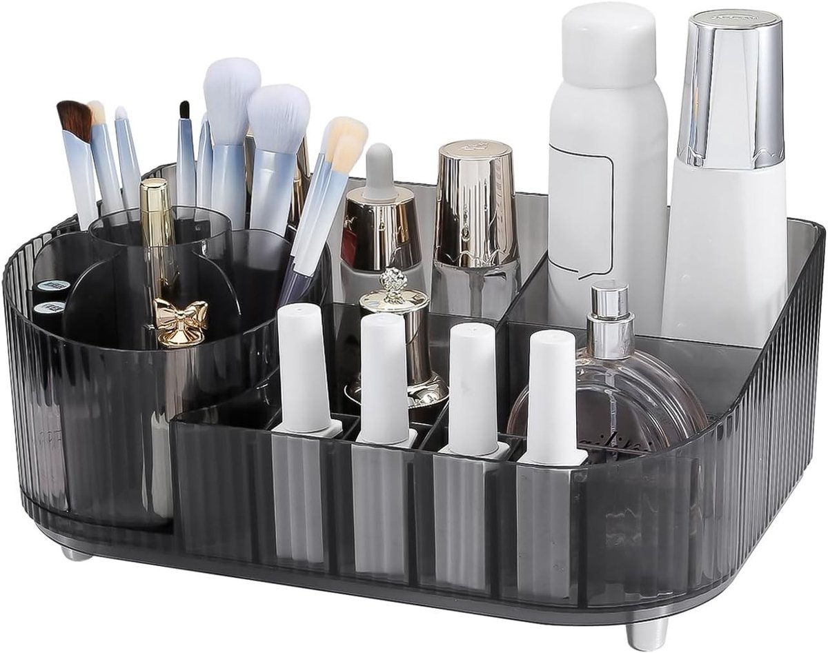 Grote make-up organizer met 360° roterende borstelhouder, multifunctionele huidverzorging en cosmetische opbergoplossingen voor badkamer en aanrecht