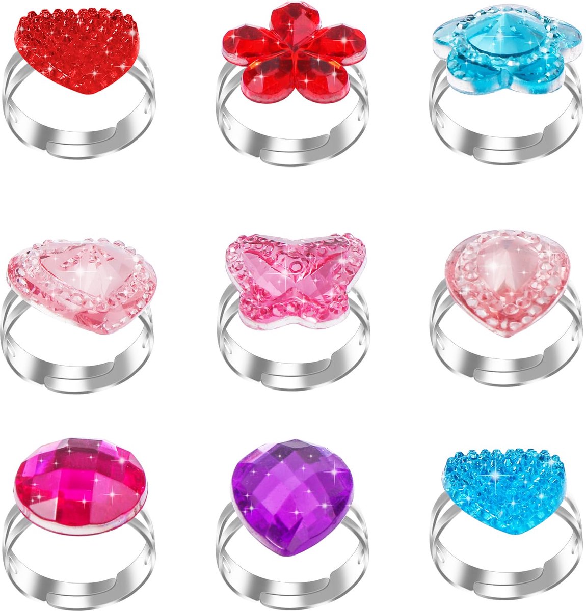 Set van 9 verstelbare ringen voor meisjes met kristallen, ijzer, metaal, edelsteen, acryl, hars, om mee te spelen en aan te trekken, verjaardagsfeest meisje