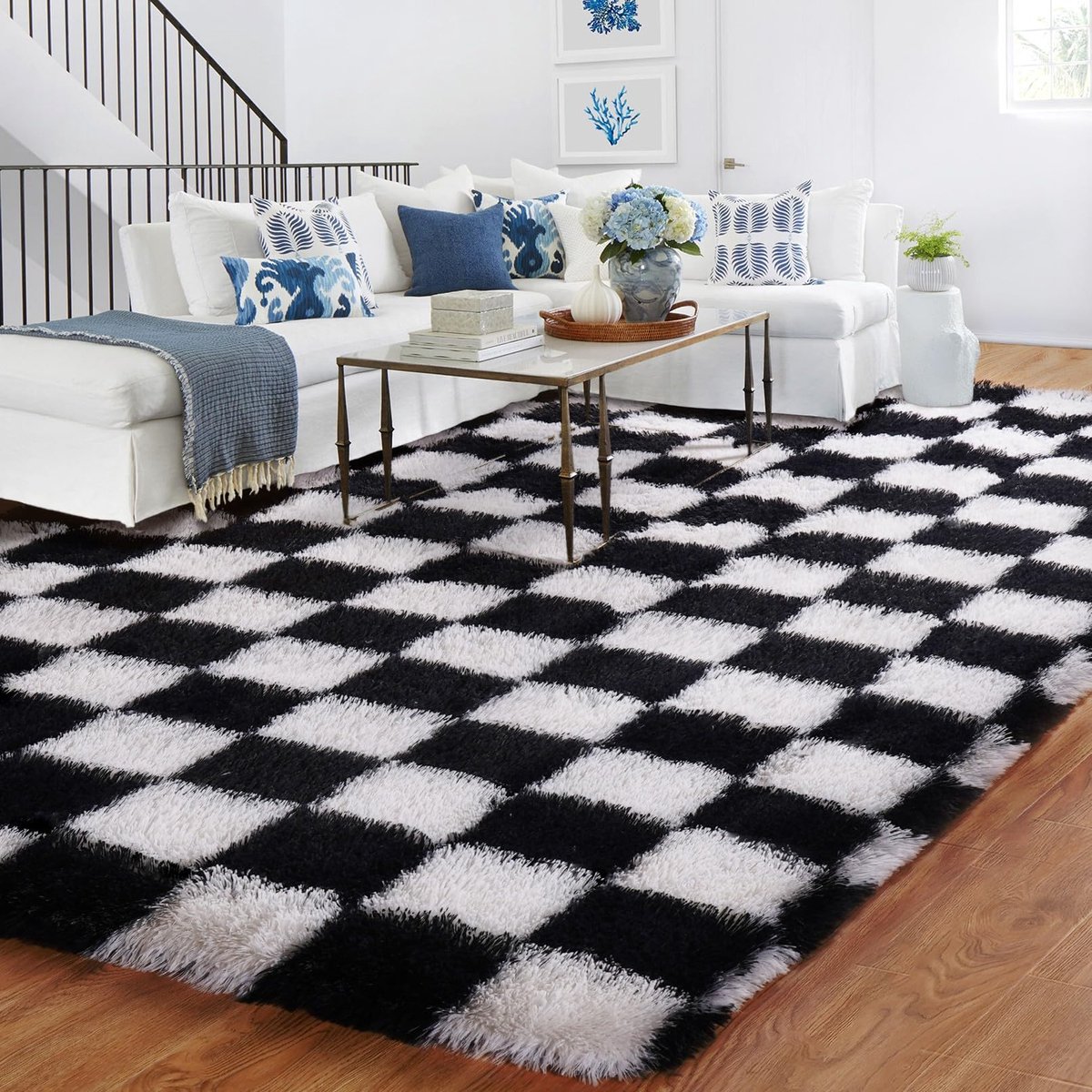 vloerkleed, zwart-wit, voor de woonkamer, 180 x 270 cm, antislip, wasbaar, zacht, pluizig vloerkleed voor slaapkamer, kinderkamer