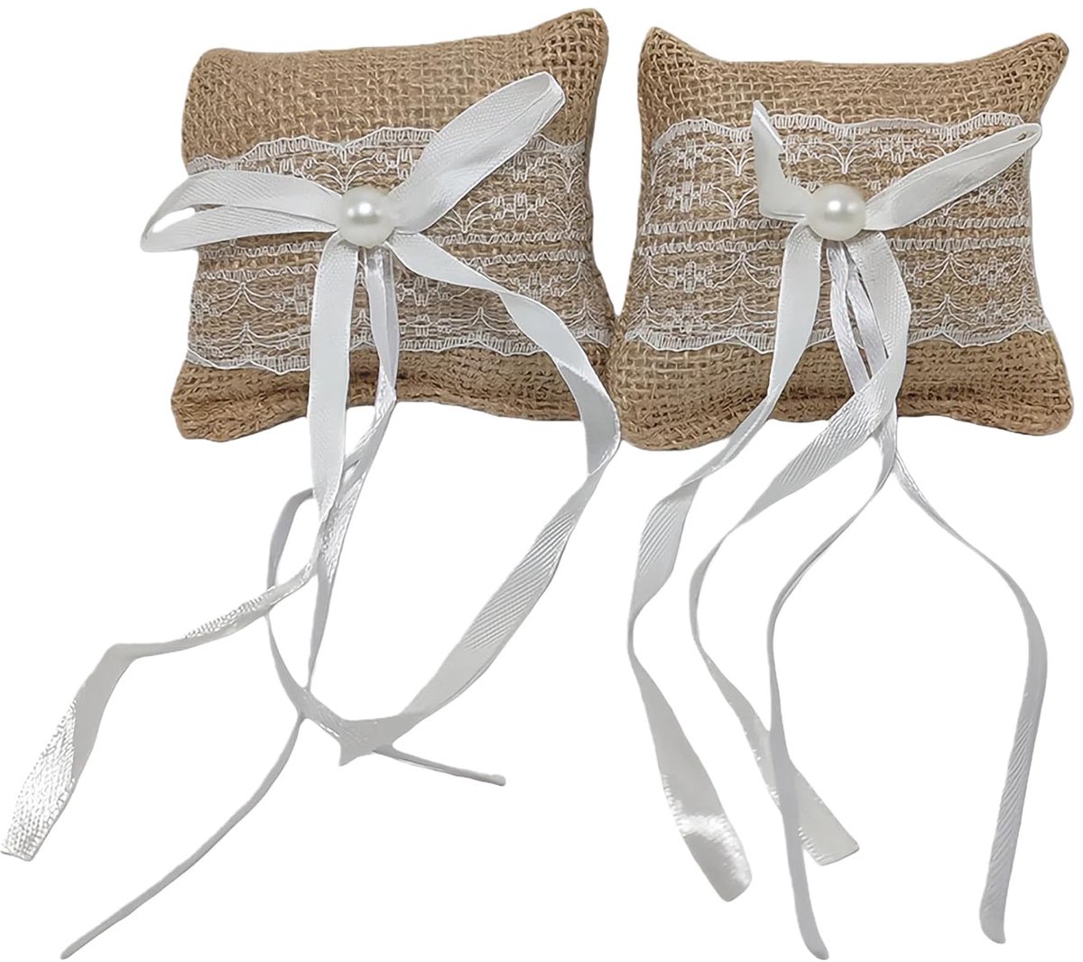 Ringdrager Kussens 2Pcs - Vintage Jute met Kant - Perfect voor Trouwerij - Elegant en Tijdloos - ShopVlot
