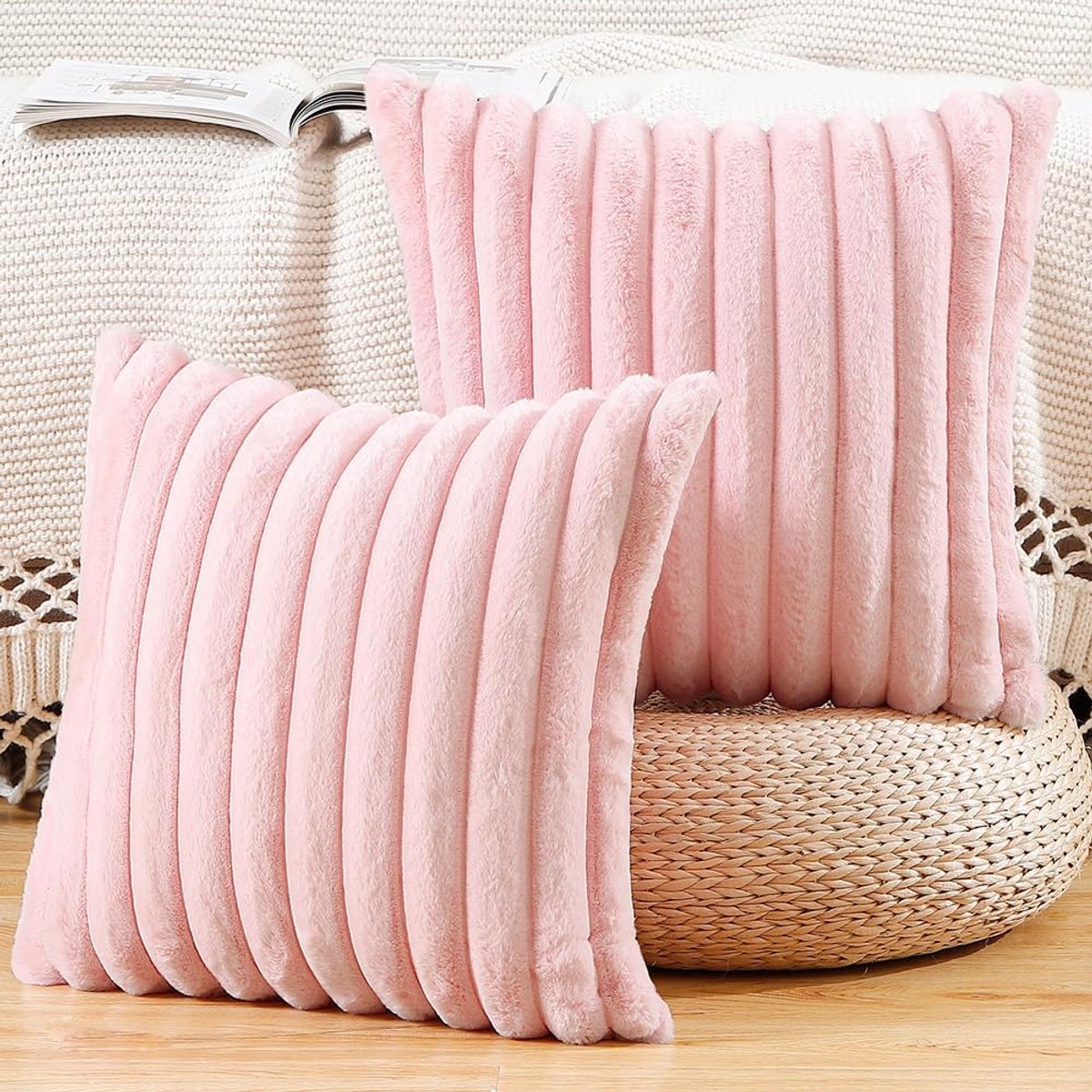 Set van 2 namaakwollen pluche decoratieve kussenslopen fluffy zachte decoratieve kussenhoes voor bank slaapkamer kussensloop 40x40 cm Roze