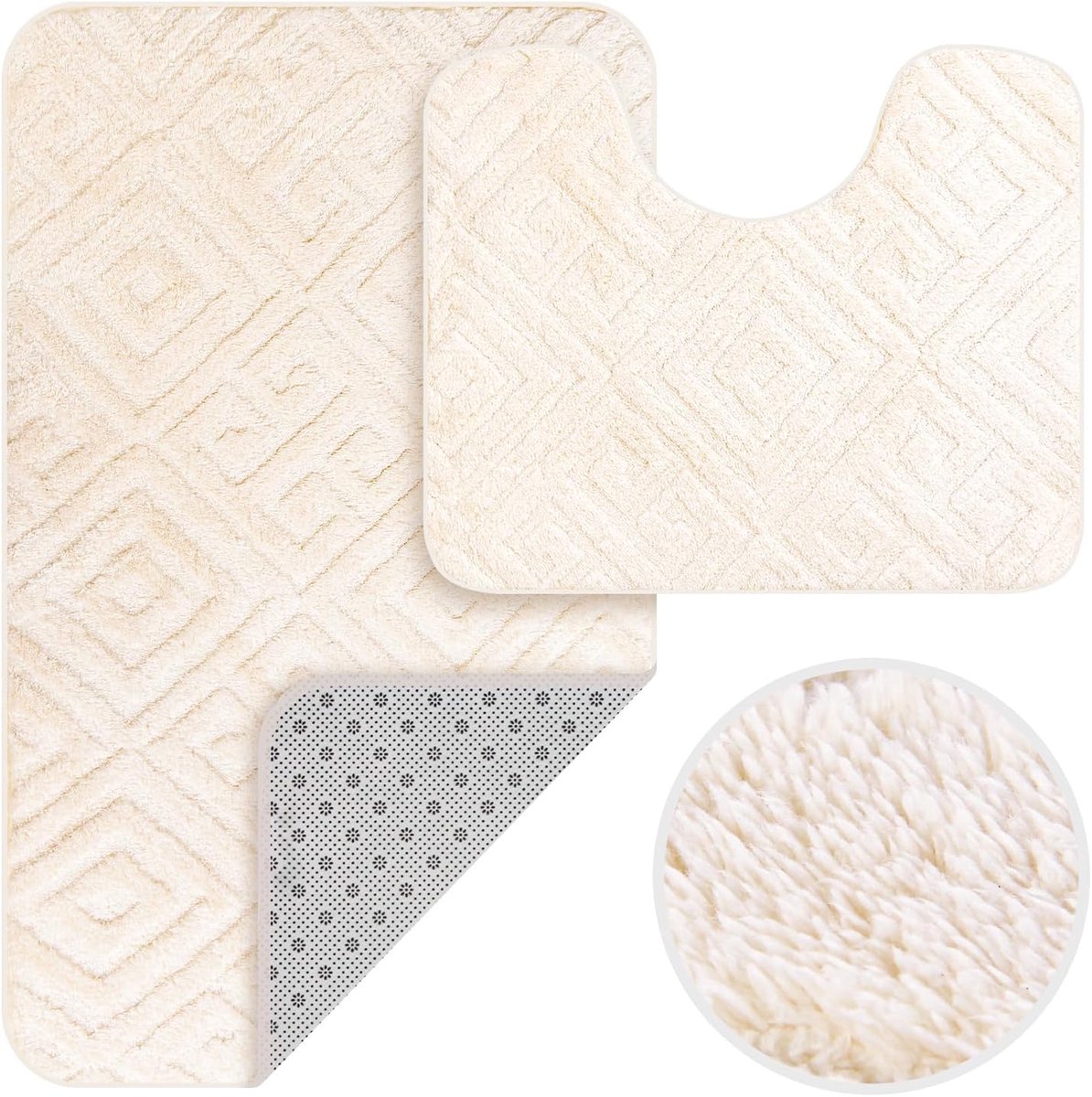 Badmatten set 2-delig antislip badmat badkamer tapijt, zacht pluizig badkamerteppich, 50 x 80 cm badkamer tapijt + 40 x 50 cm wc-mat met uitsparing, Beige, 2BF
