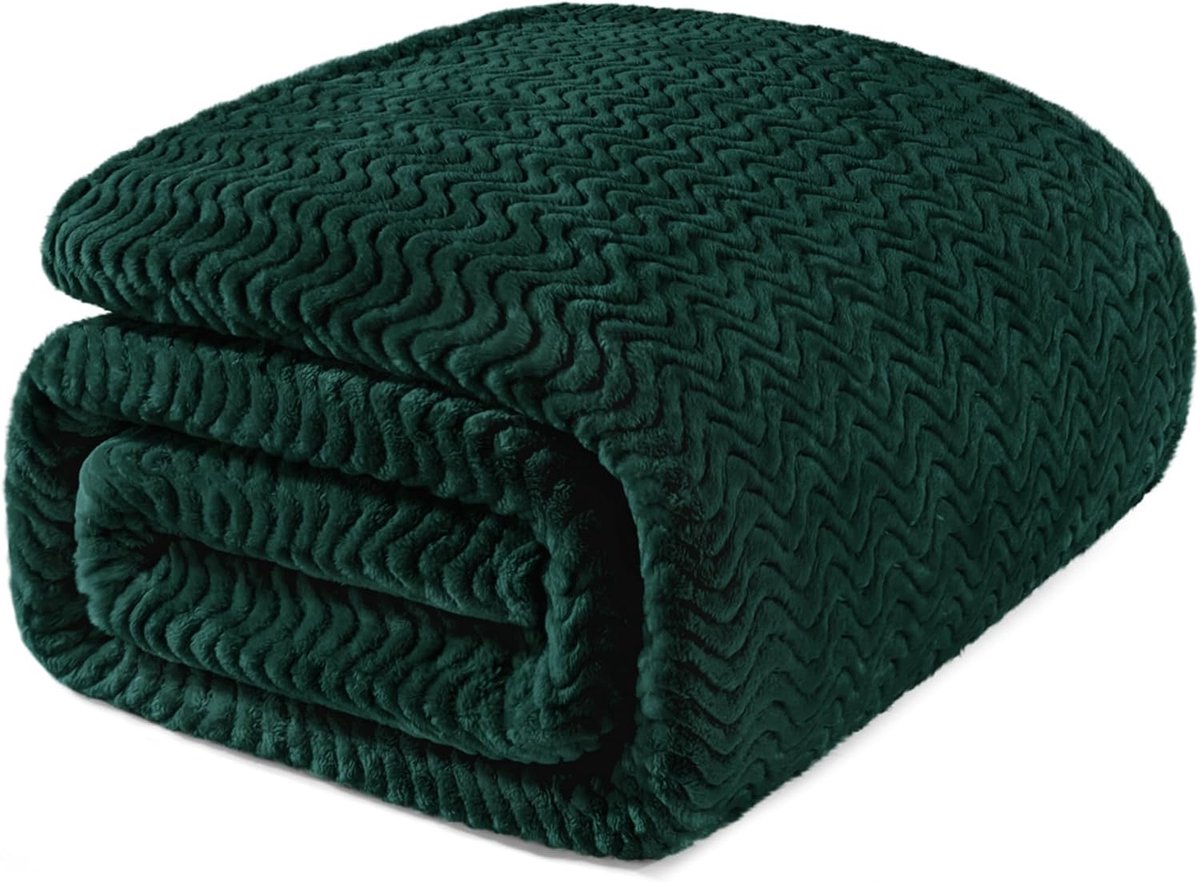 Mezcla Queen Size Jacquard Weave Wave Patroon Flanel Fleece Fluwelen Pluche Bed Deken als Sprei/Coverlet/Bed Cover (230x230cm, Forest Green) - Zacht, Lichtgewicht, Warm en Gezellig