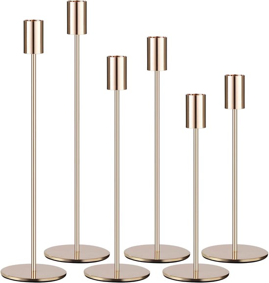 Kandelaar Set van 6 - Kaarsenhouder - Kaarsenstandaard - 23, 28, 33 cm - Decoratieve accessoires - Metaal - Goud - voor bruiloft, woonkamer decoratie, Diner Bij Kaarslicht